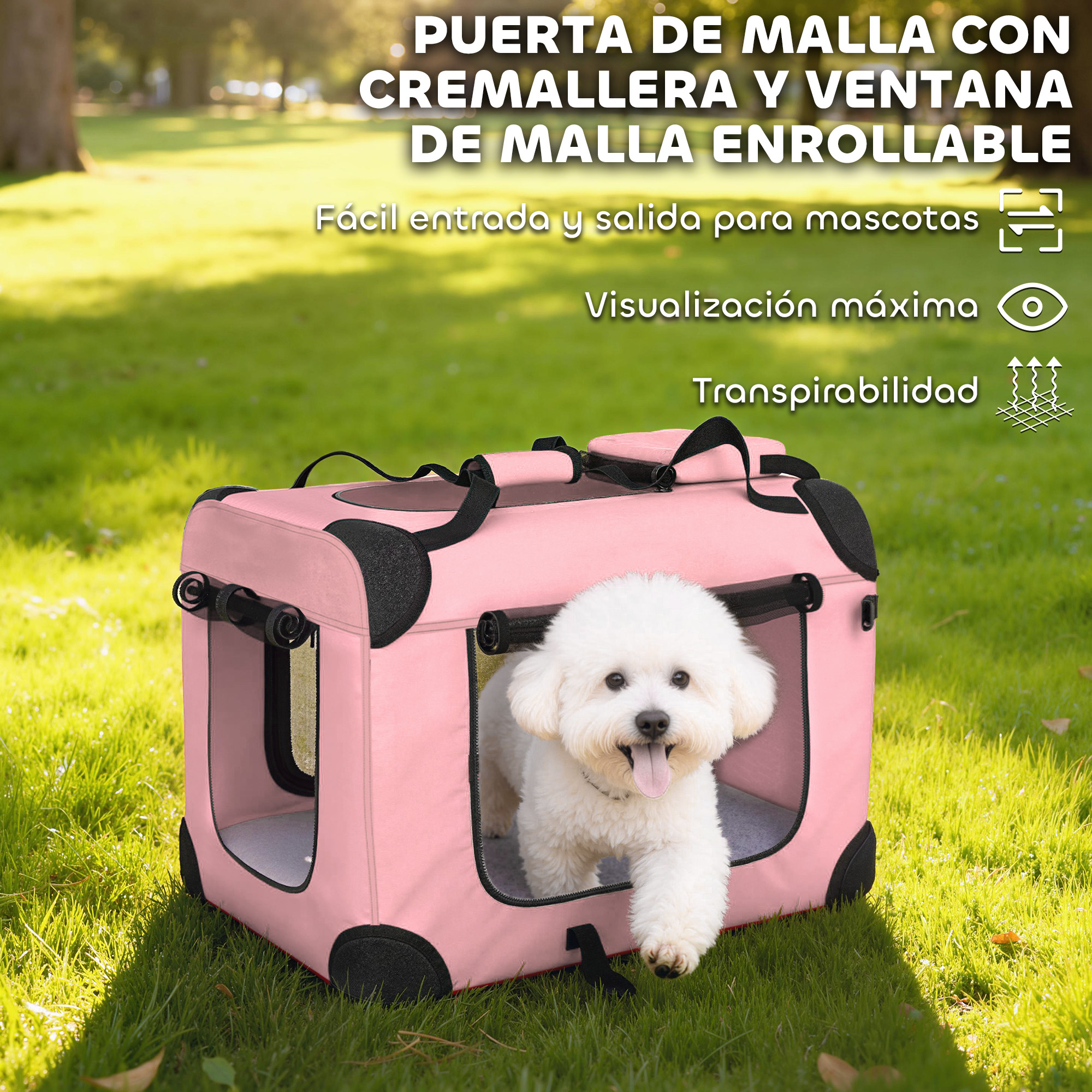 Un perro Bichon Frise blanco sale de un transportador rosa al aire libre.