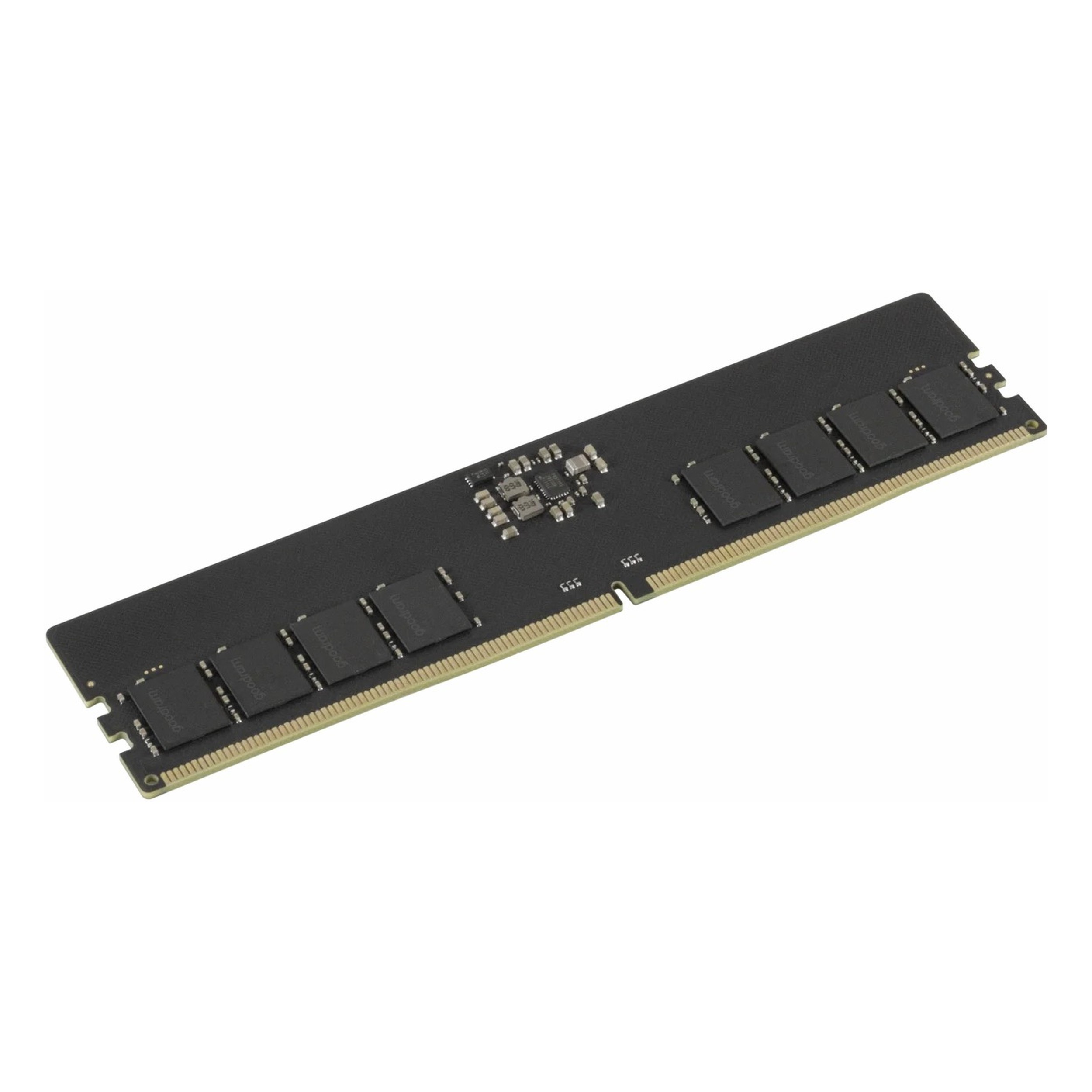 Un modulo RAM nero con contatti e chip dorati.