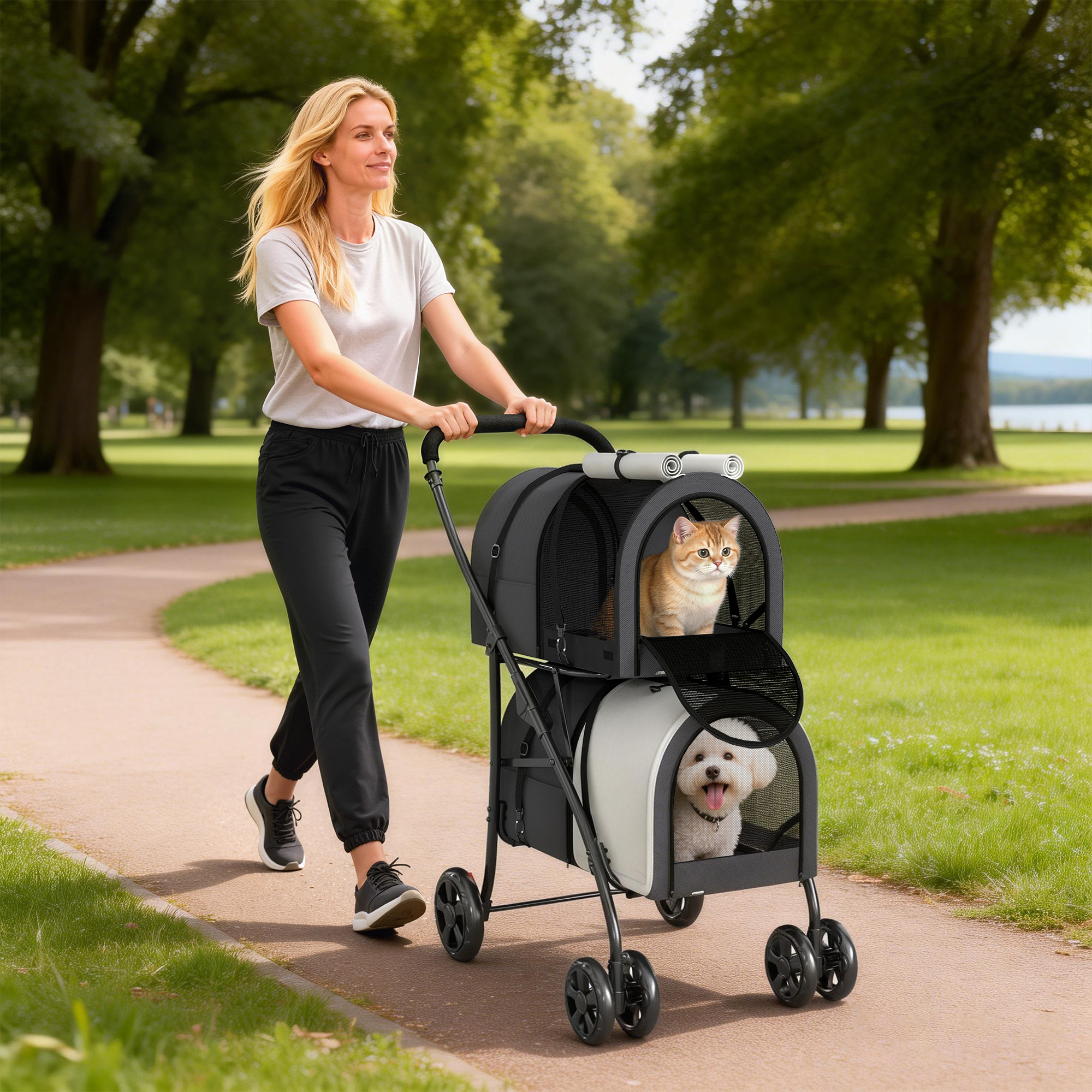 Una mujer empuja un cochecito con un gato y un perro por un sendero del parque.