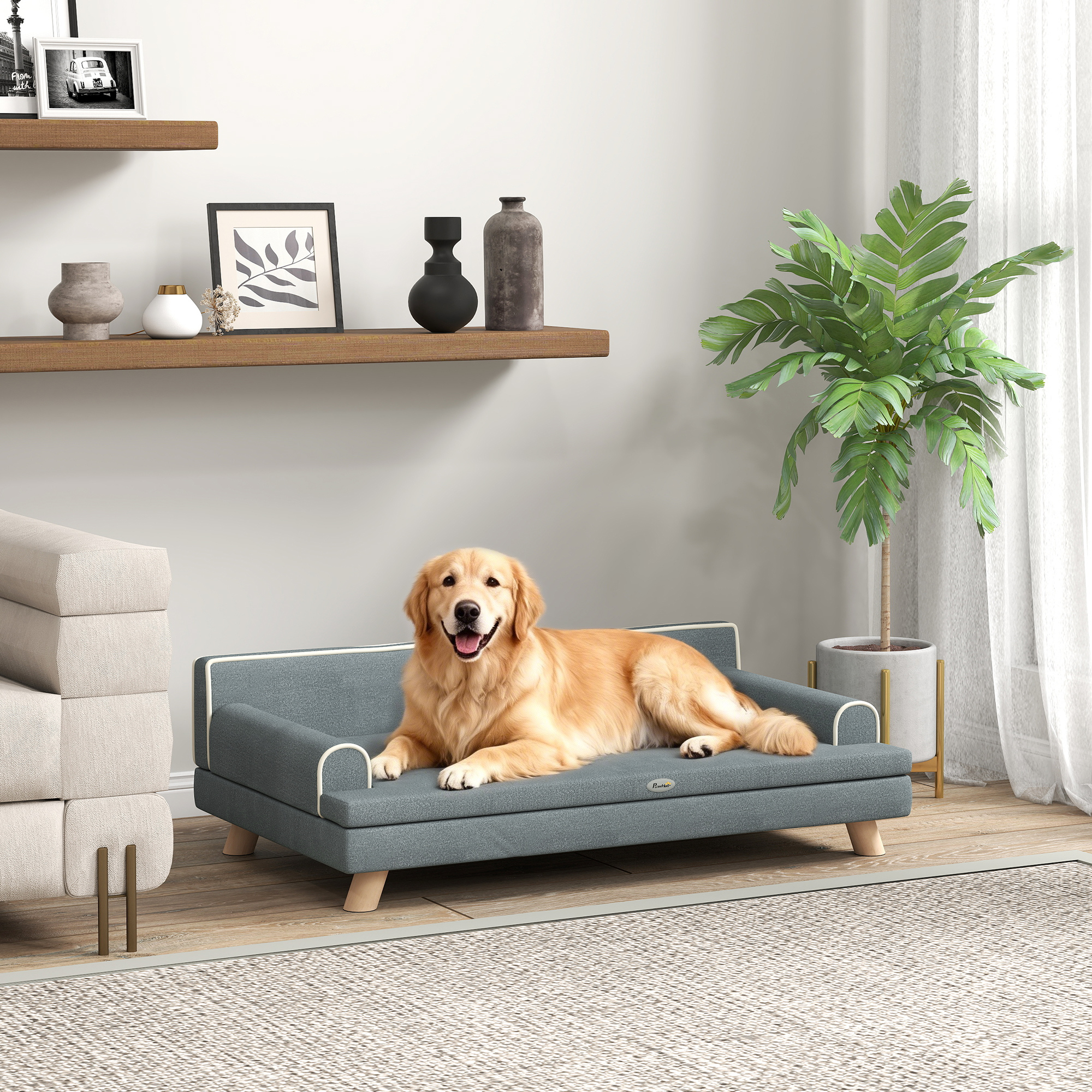 Perro golden retriever descansando en un sofá azul para mascotas en sala moderna con plantas.