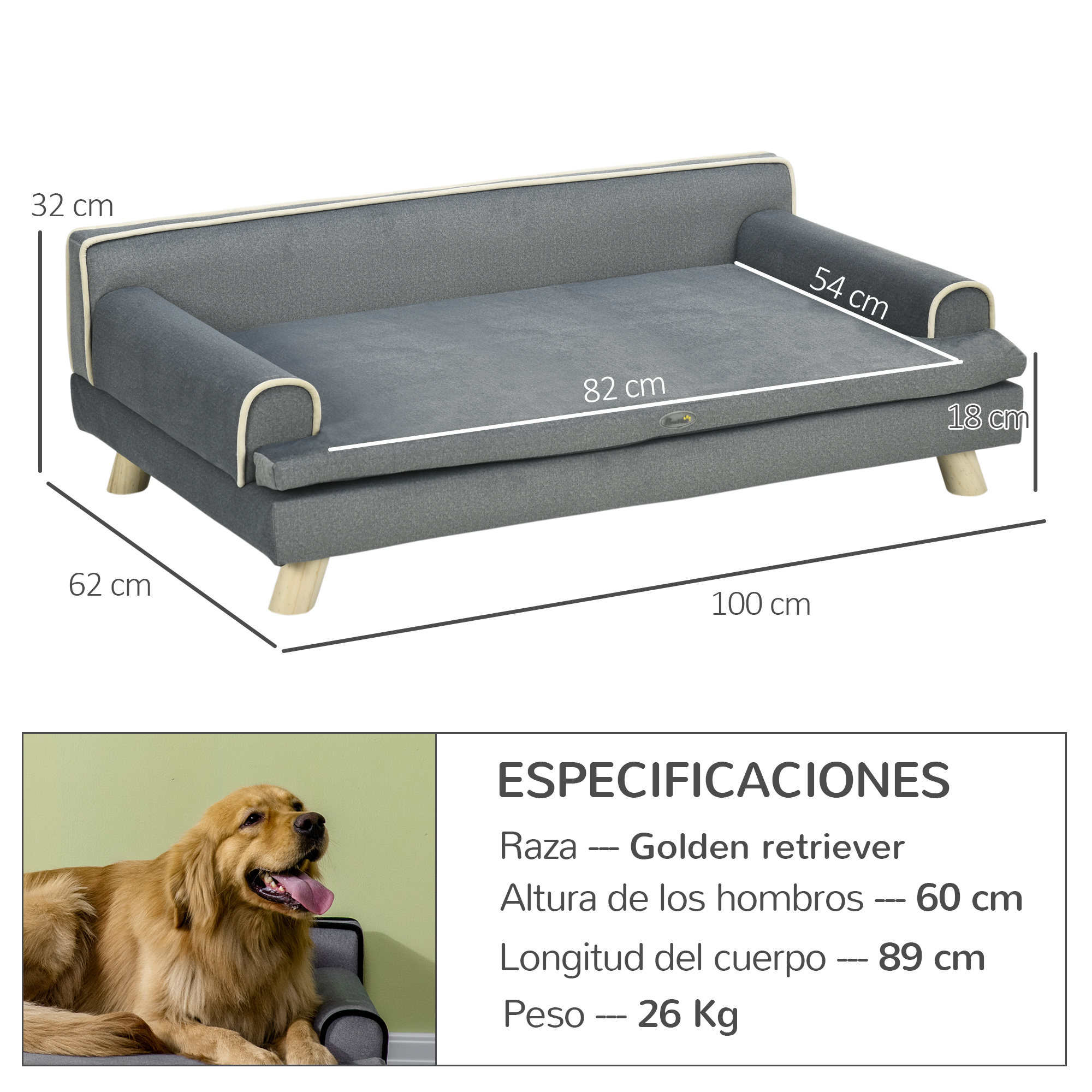 Cama para perro gris de 100x54x32cm con patas de madera. Un golden retriever yace al lado.