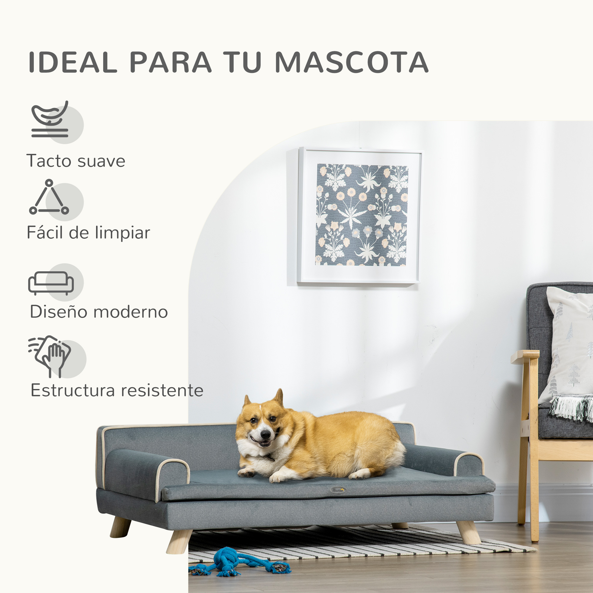 Un perro Corgi descansa en un sofá gris con patas de madera.
