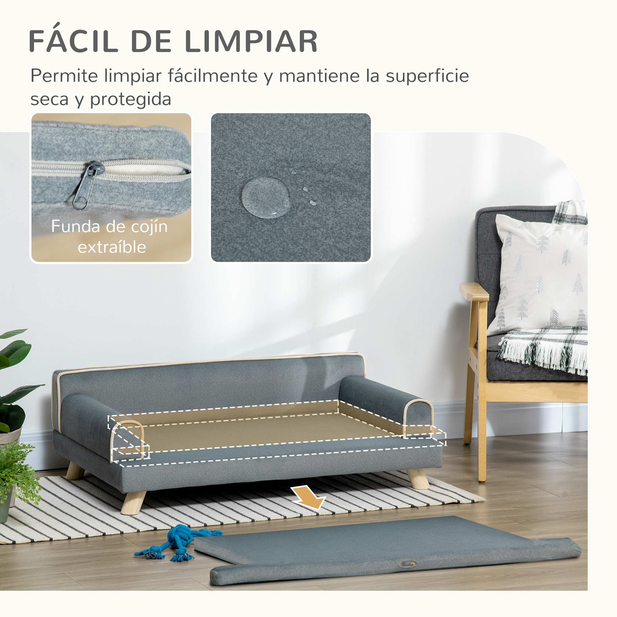 Sofá gris para mascotas con funda extraíble y superficie impermeable.