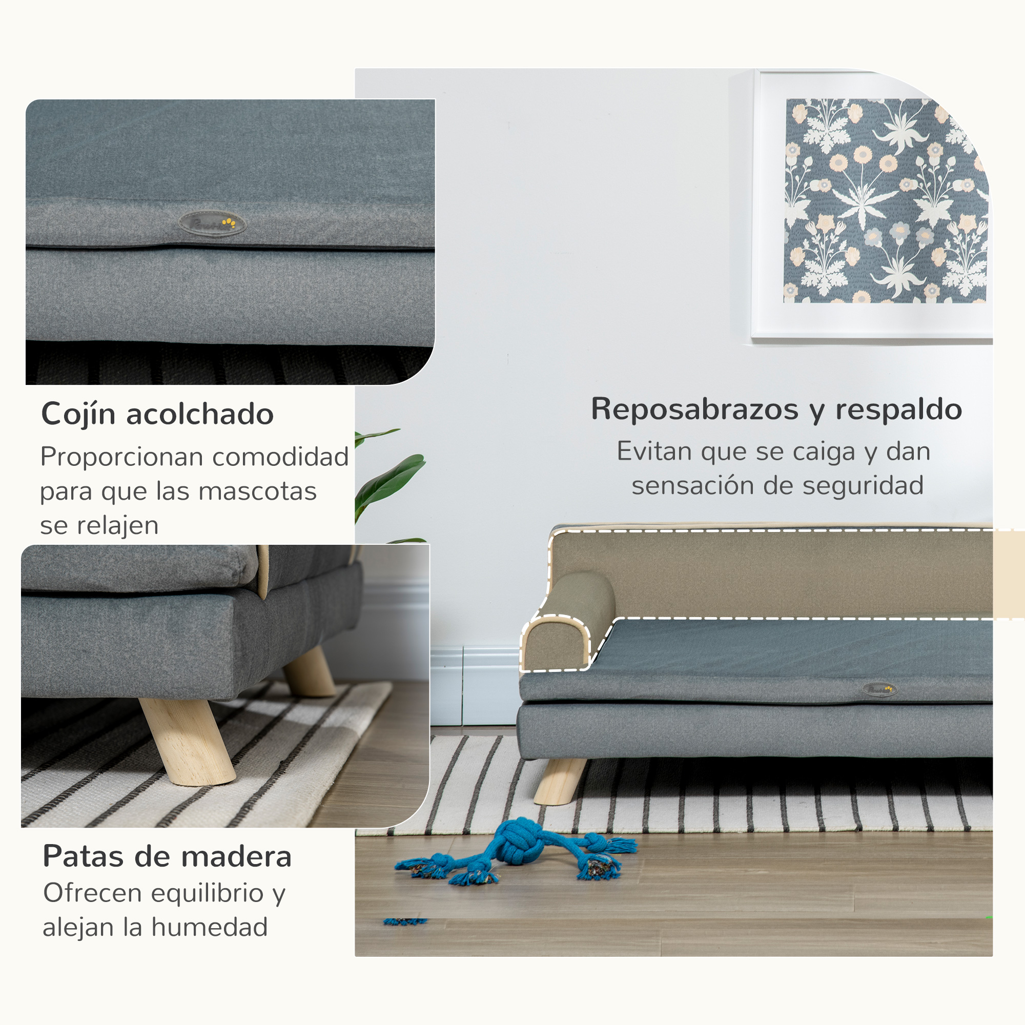 Cama gris para perros con patas de madera, brazos acolchados y cuadro floral.