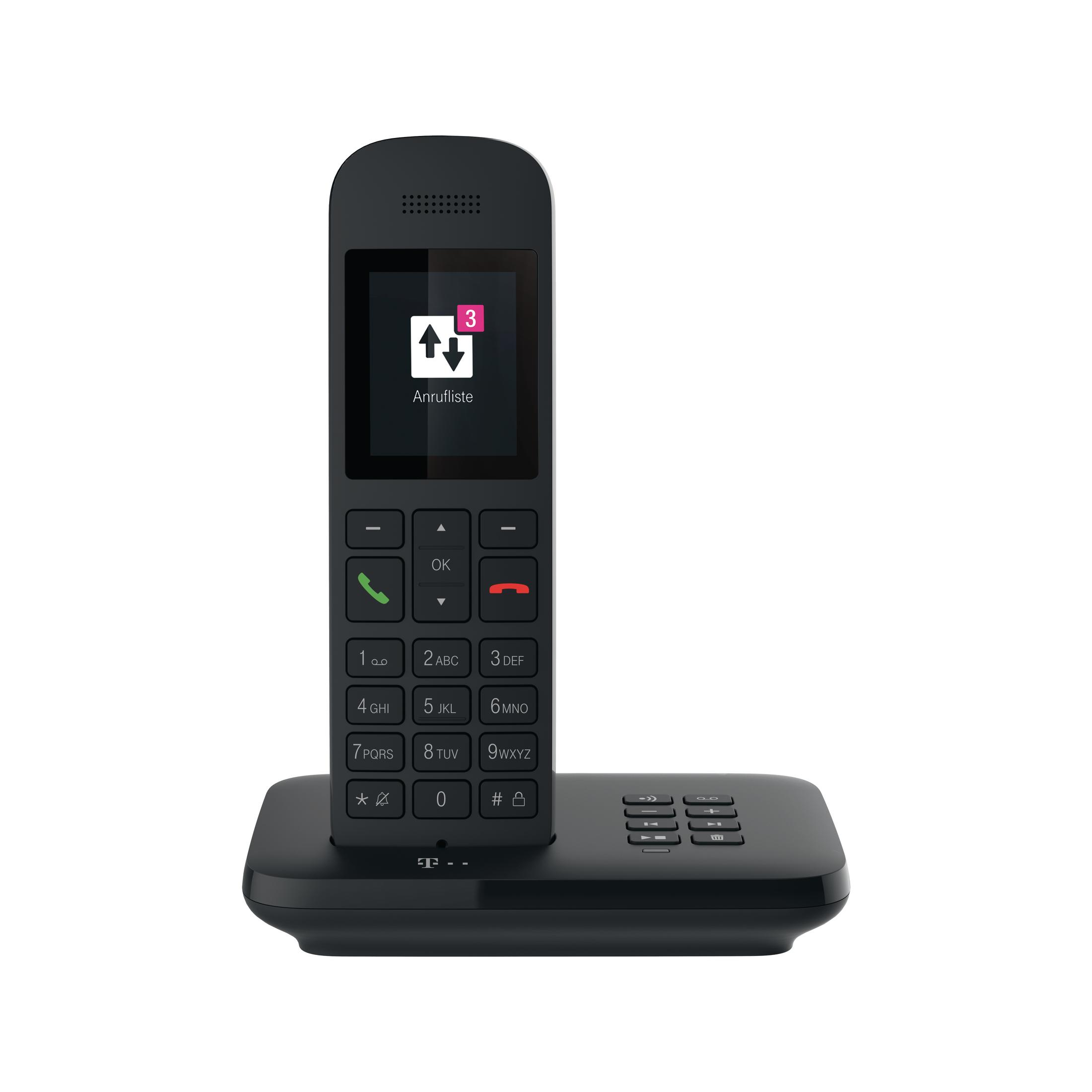 Een zwarte draadloze telefoon met T-Mobile logo op het basisstation.
