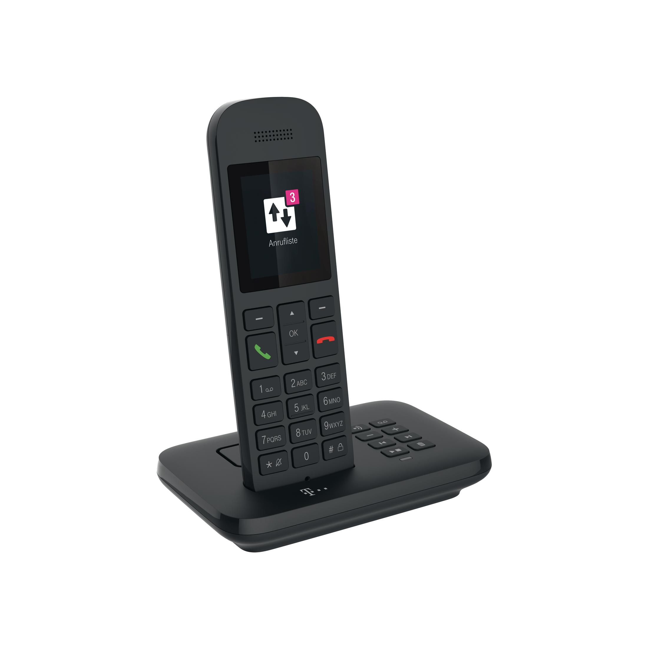 Een zwarte draadloze telefoon met knoppen en scherm op een oplaadstation.
