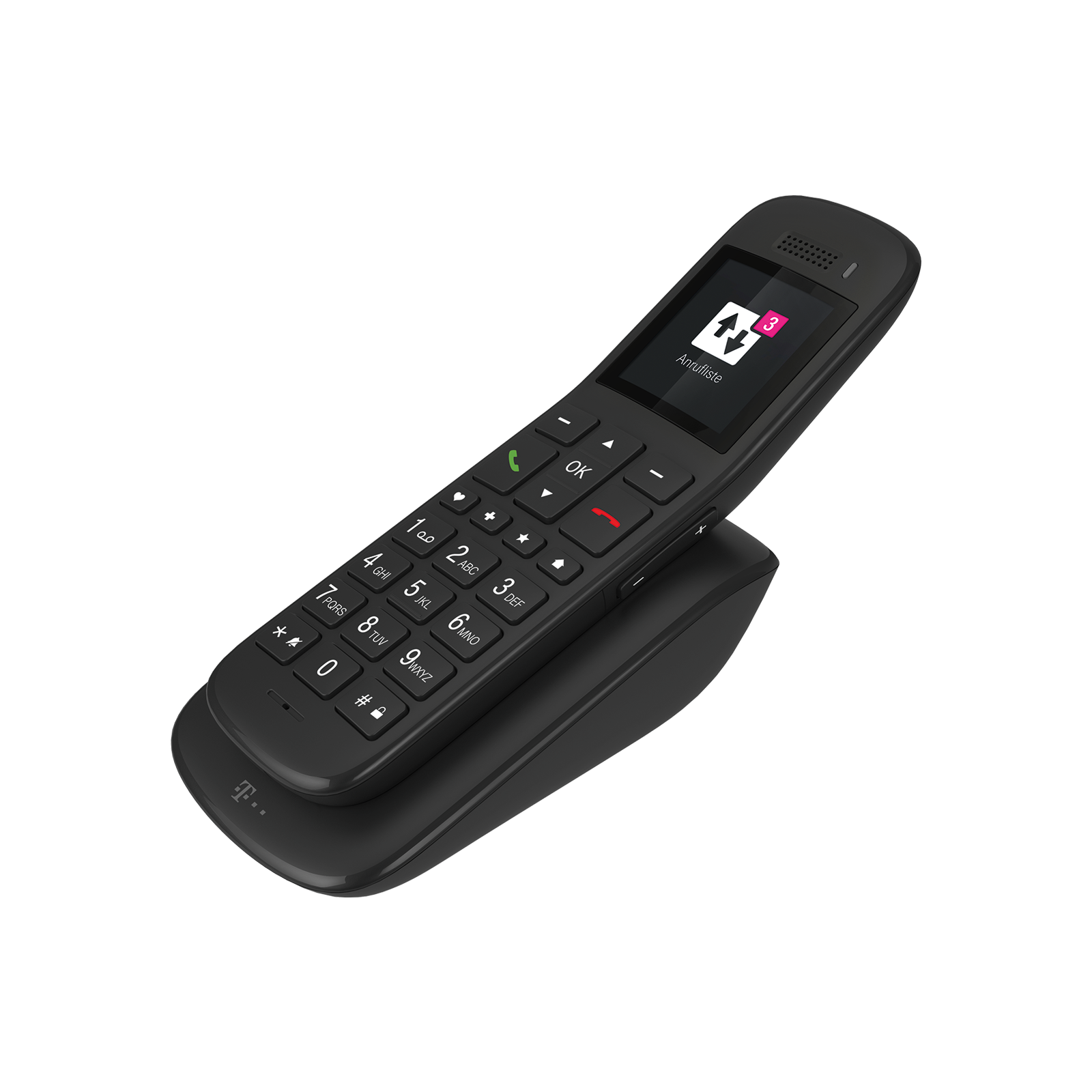 A black cordless phone with a keypad and screen resting on a charging base.