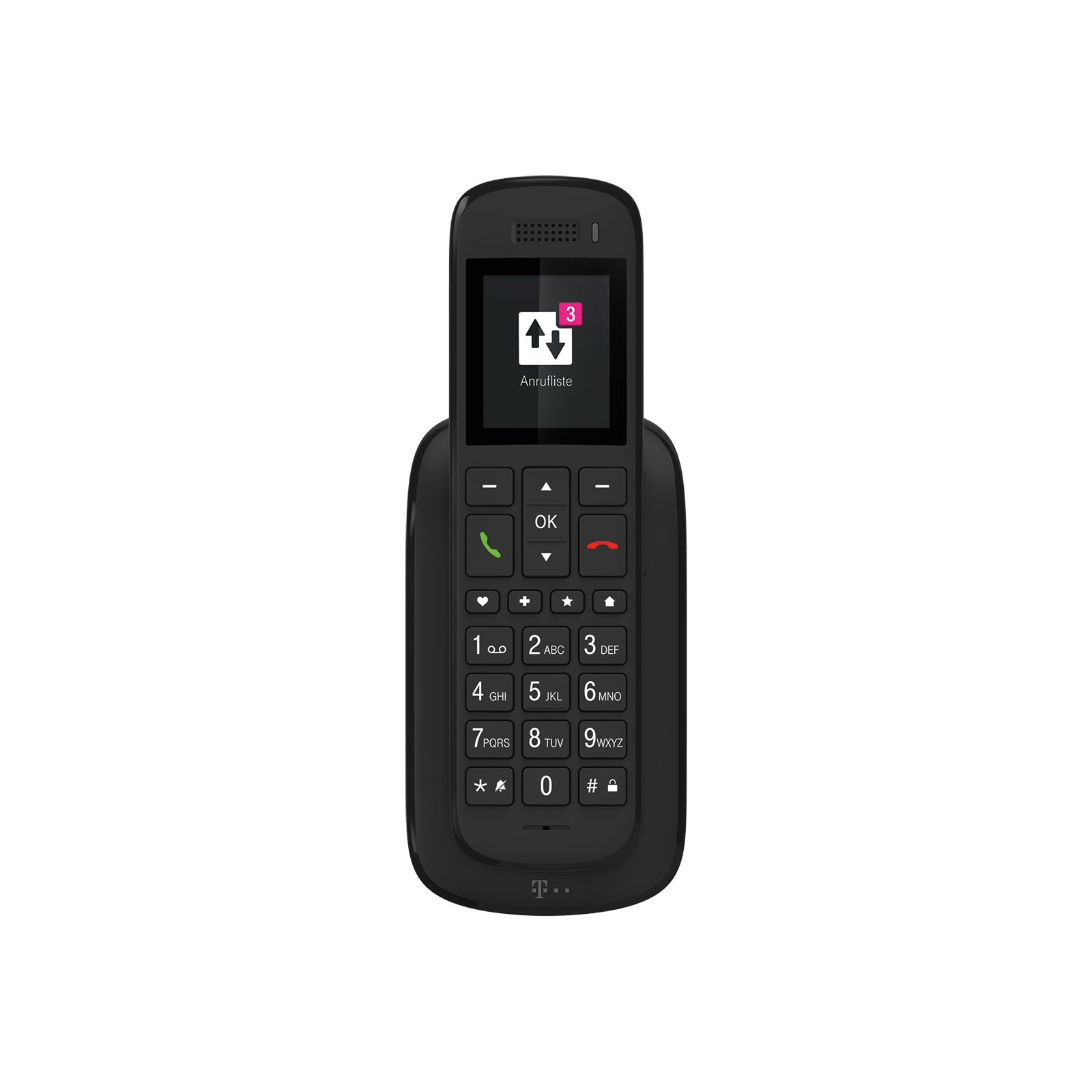 A black feature phone with a screen displaying a call list with 3 entries.