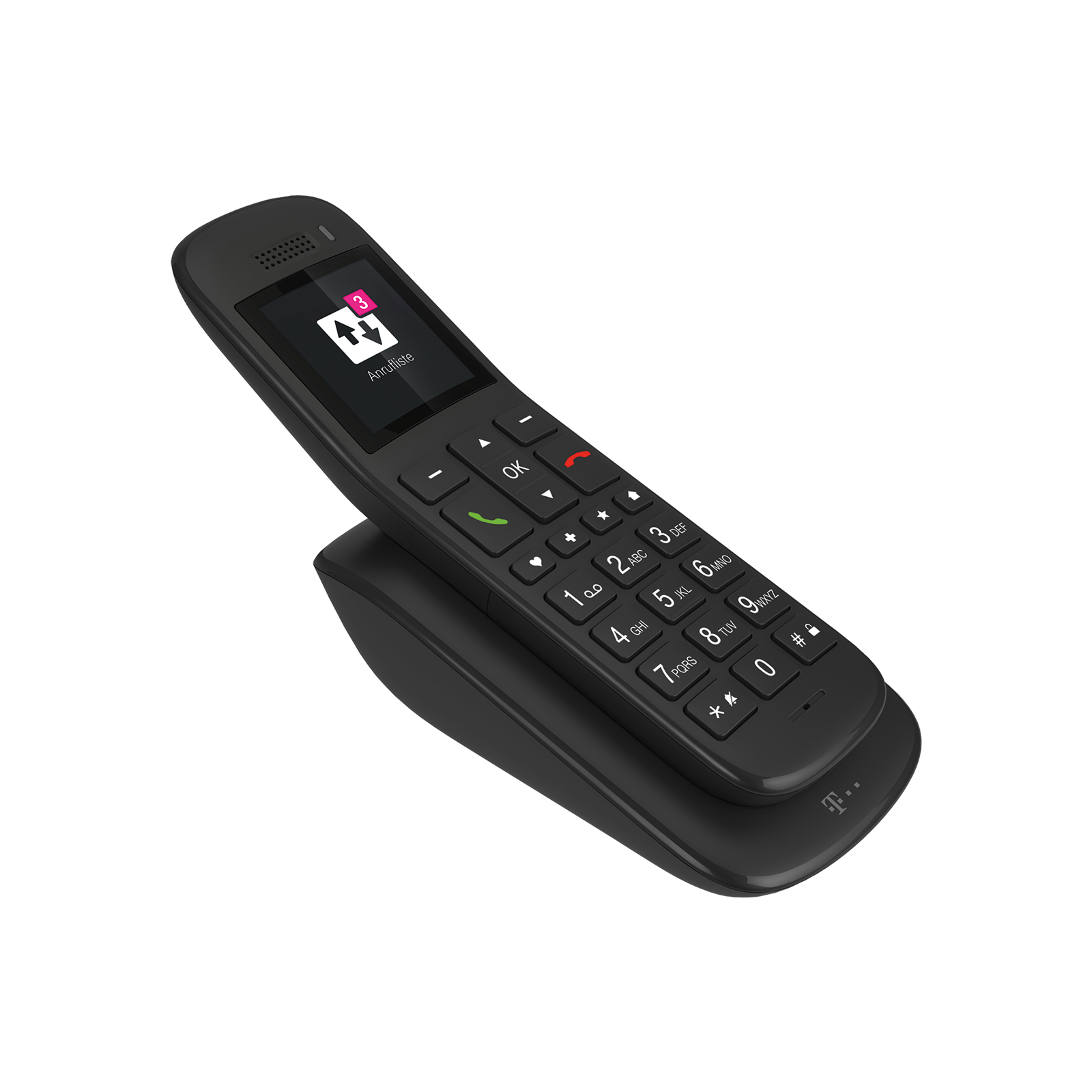 A black cordless phone with a keypad and screen, resting on a charging base.