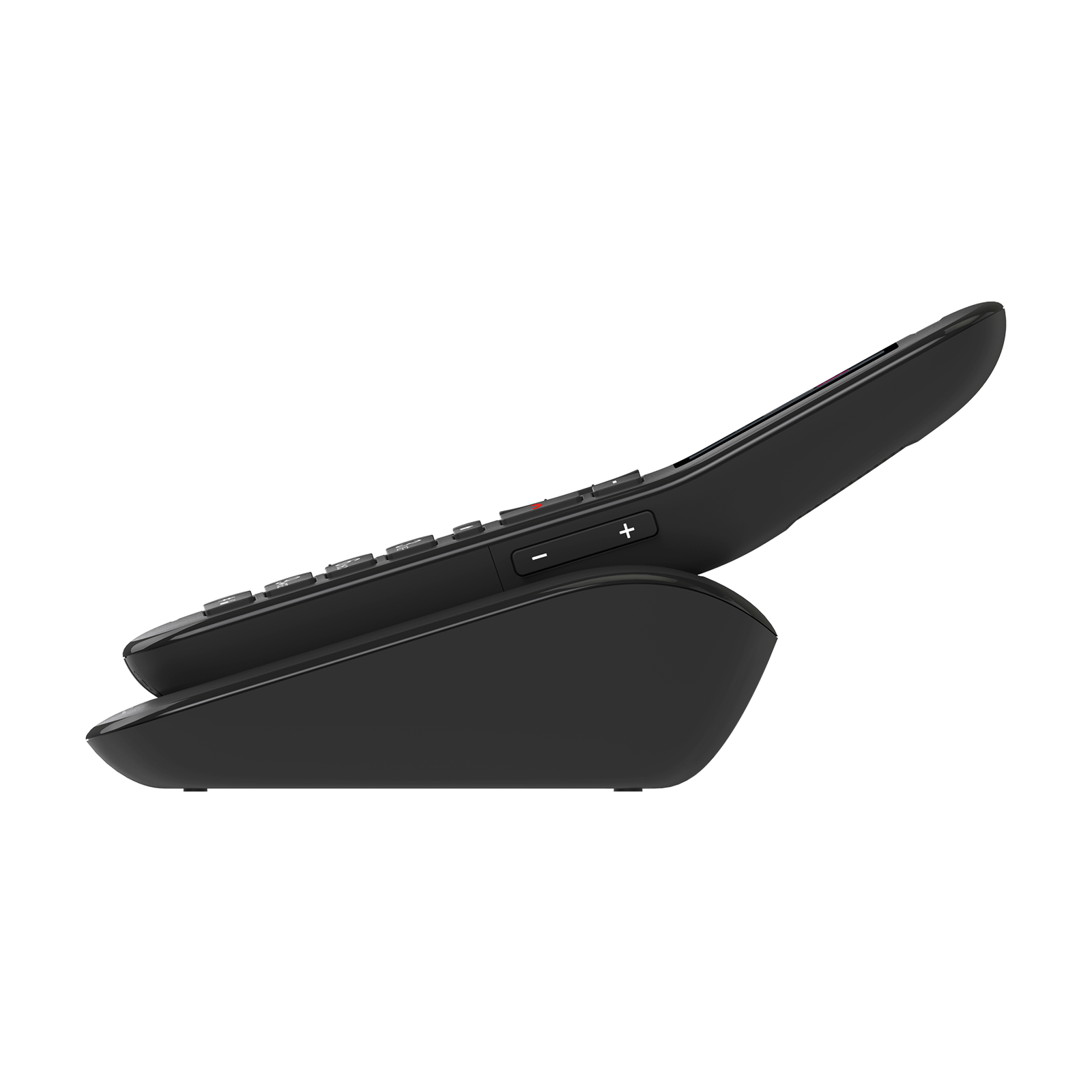 Black cordless phone with keypad resting on its charging base.