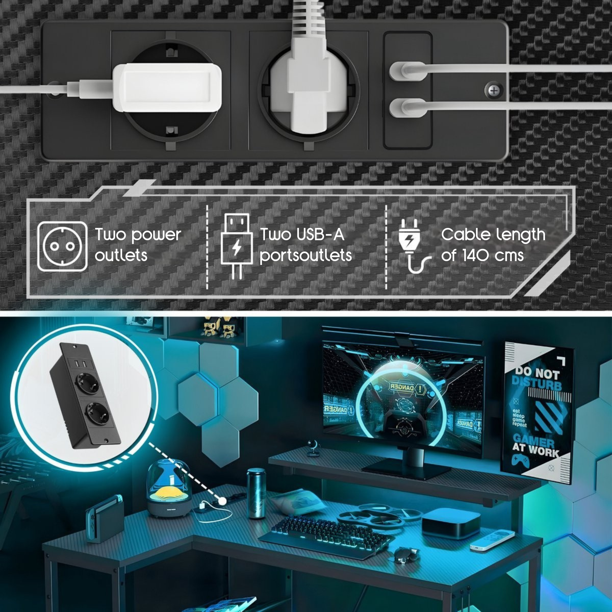 Ein schwarzes Netzteil mit zwei Steckdosen und zwei USB-A-Anschlüssen auf einem Schreibtisch.