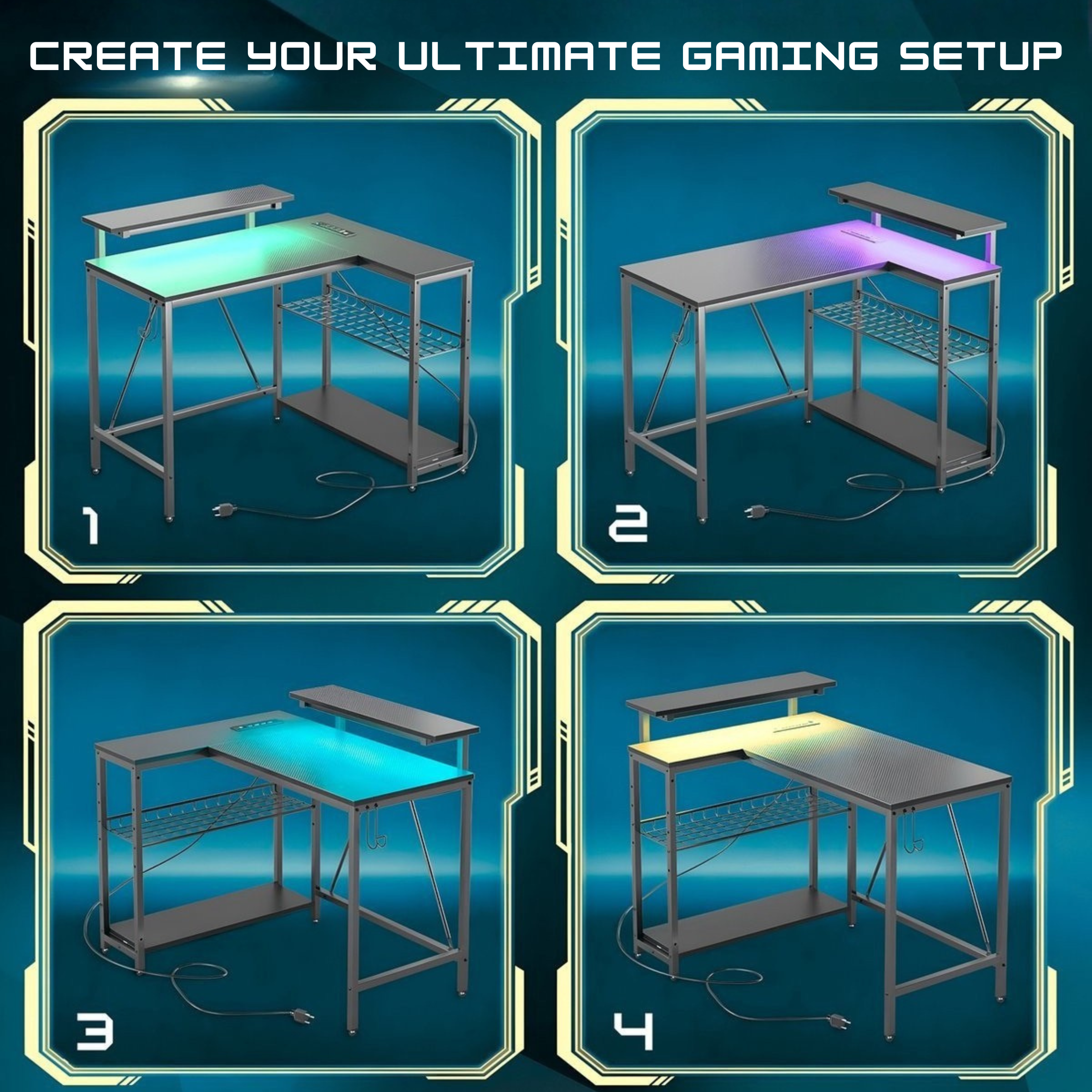 Vier Gaming-Tische mit RGB-Beleuchtung in verschiedenen Farben.