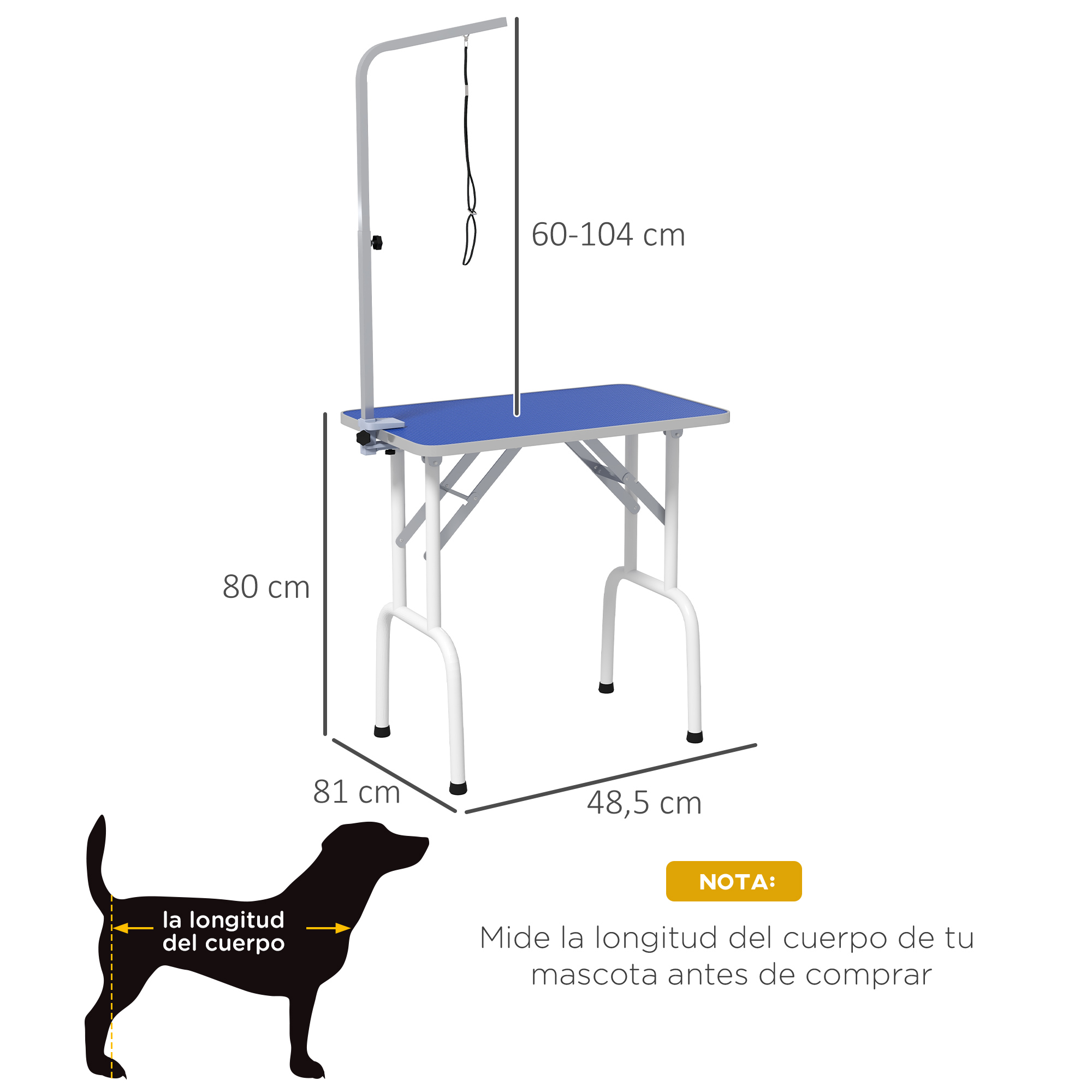 Una mesa de aseo plegable para mascotas con superficie azul y brazo ajustable.