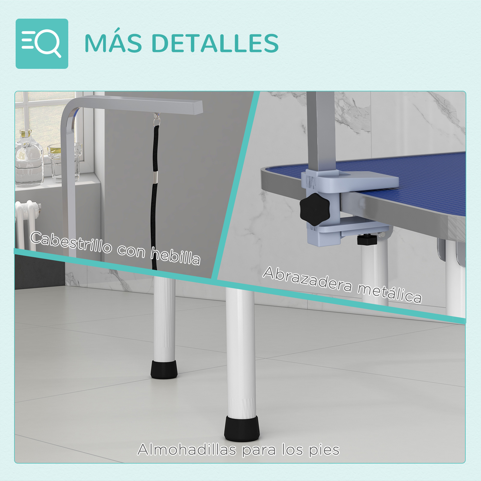 Una imagen de cerca muestra detalles de una mesa de aseo, incluyendo una correa de sujeción y una abrazadera.