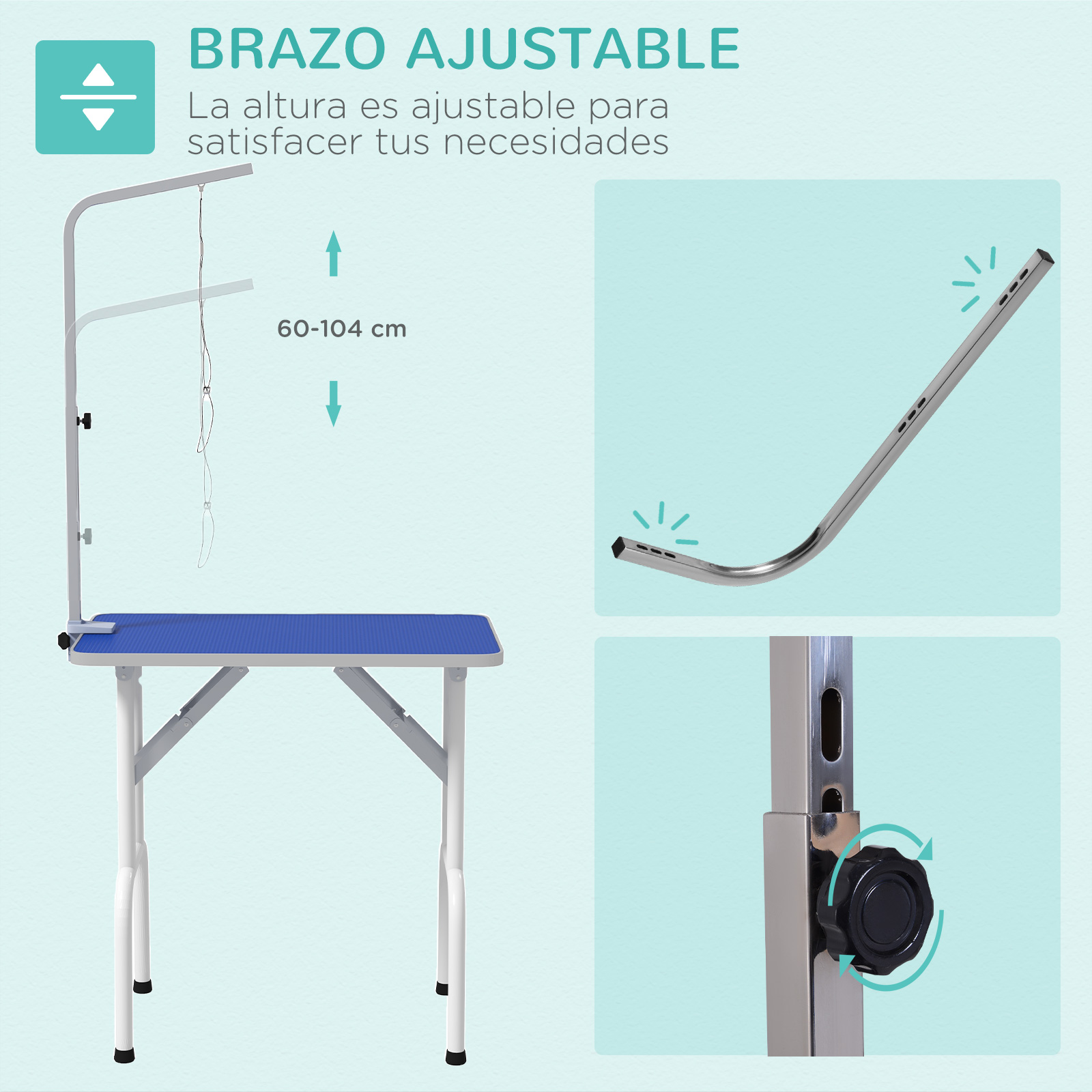 Brazo ajustable para mesa con tablero azul, altura 60-104 cm.