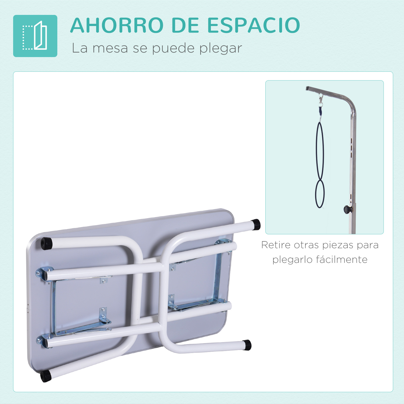 Una mesa gris con patas metálicas blancas plegadas debajo.
