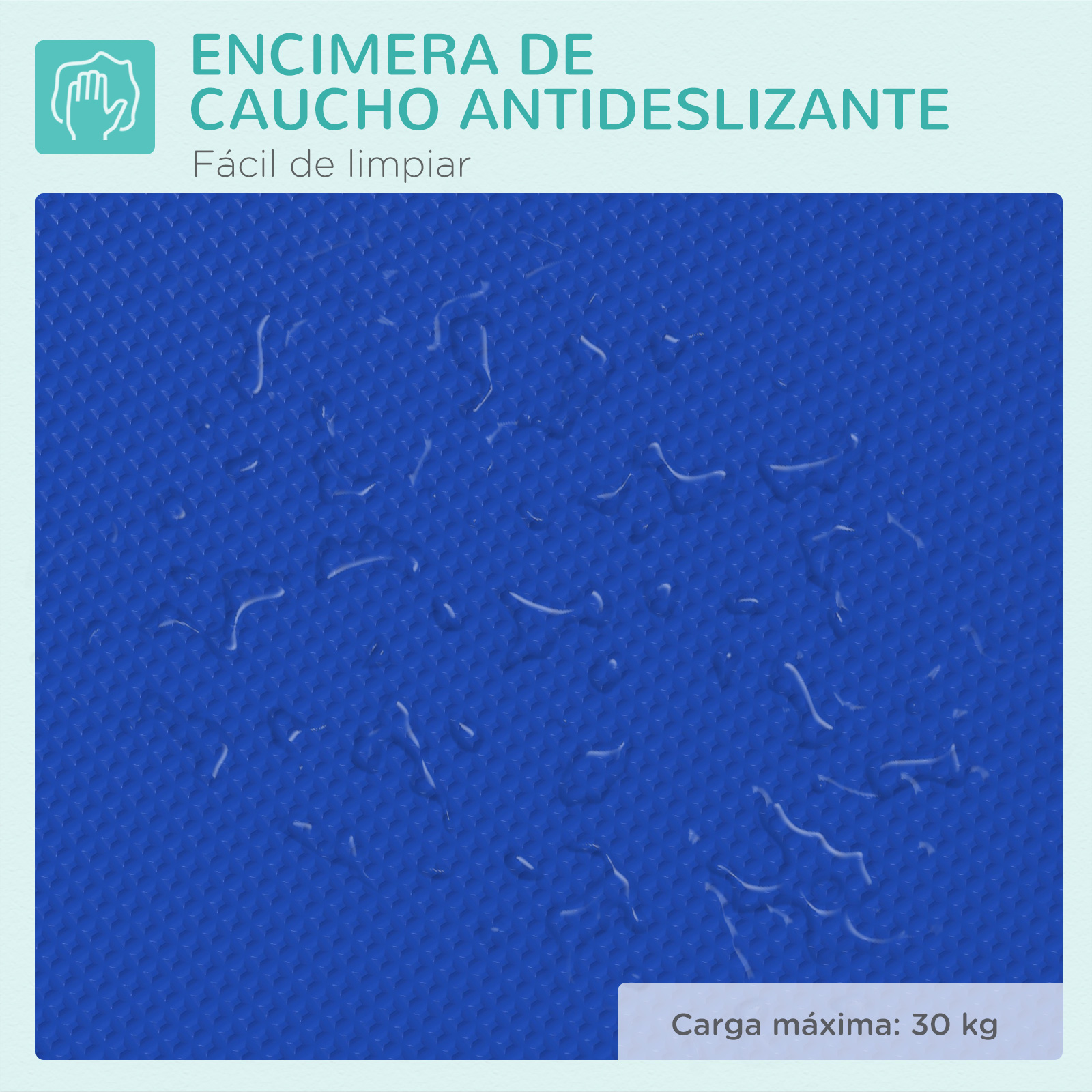 Superficie de goma azul texturizada con gotas de agua. Carga máxima: 30 kg.