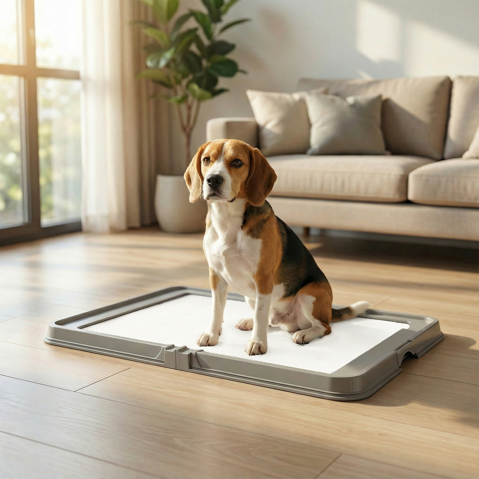 Un beagle se sienta en una alfombrilla para perros en una sala de estar luminosa.