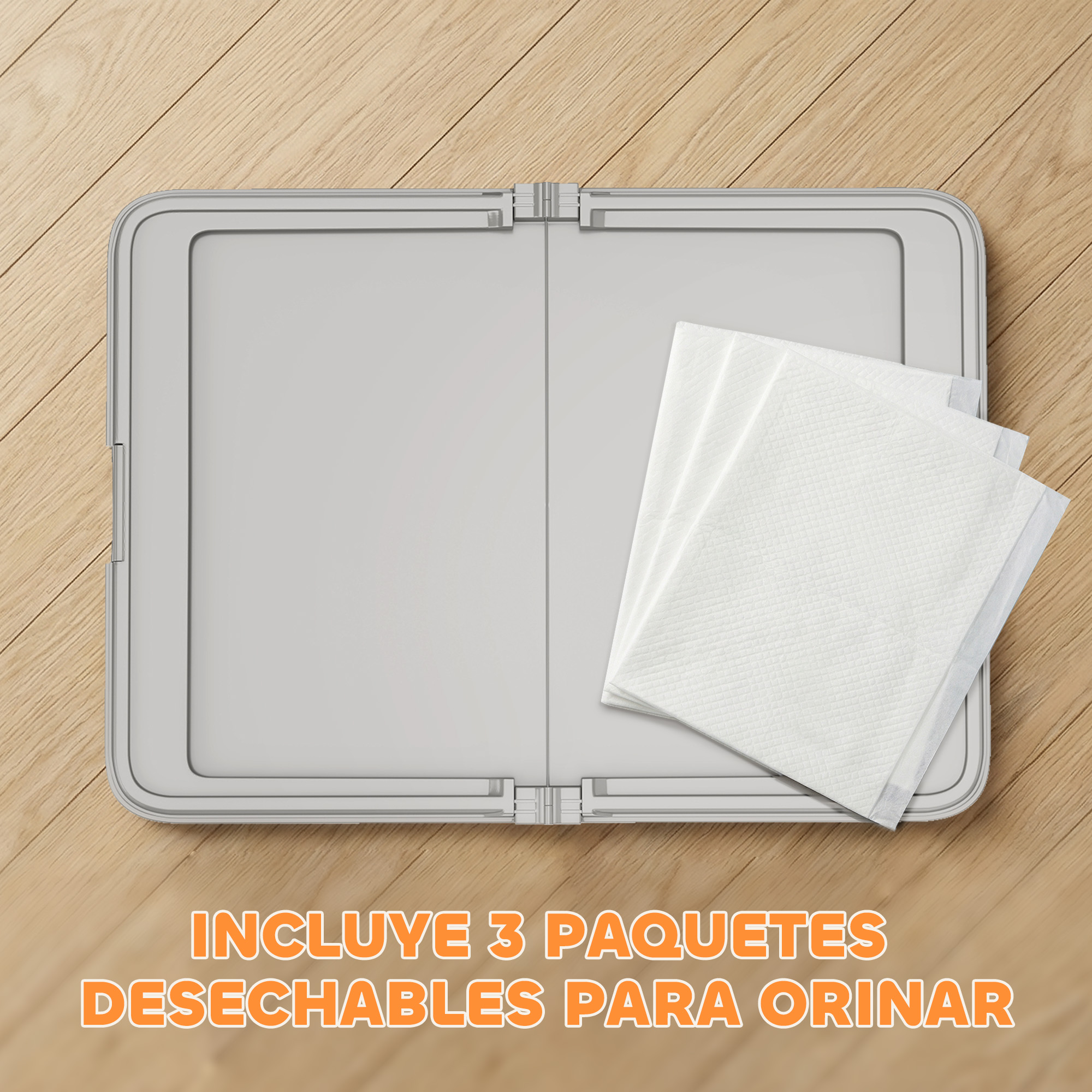 Entrenador de baño para perros gris con tres almohadillas blancas.