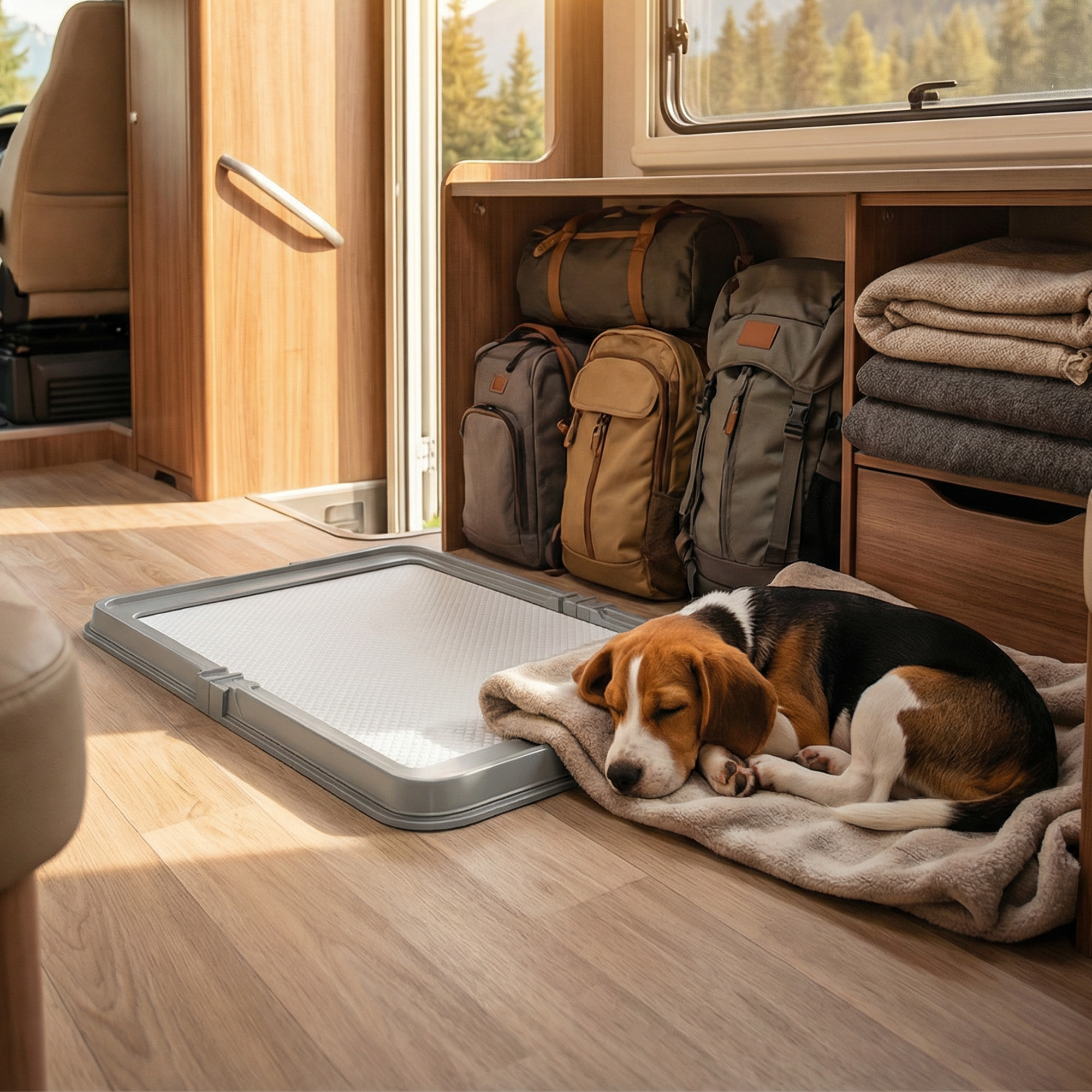 Un cachorro beagle duerme en una manta en una caravana junto a un orinal para perros.