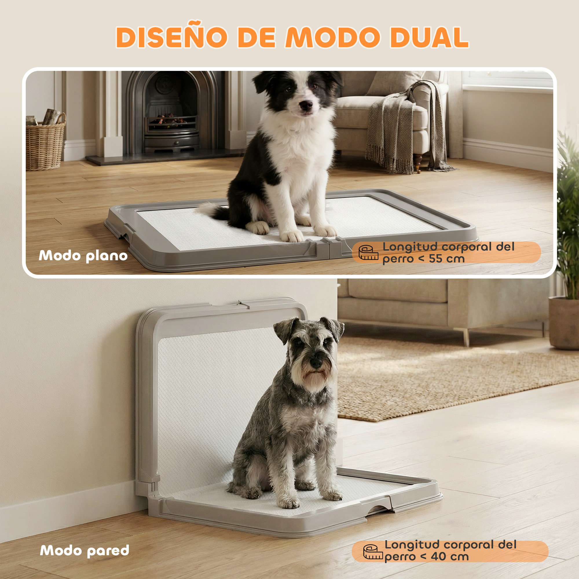 Dos empapadores para perros: modo plano con Border Collie, modo pared con Schnauzer.