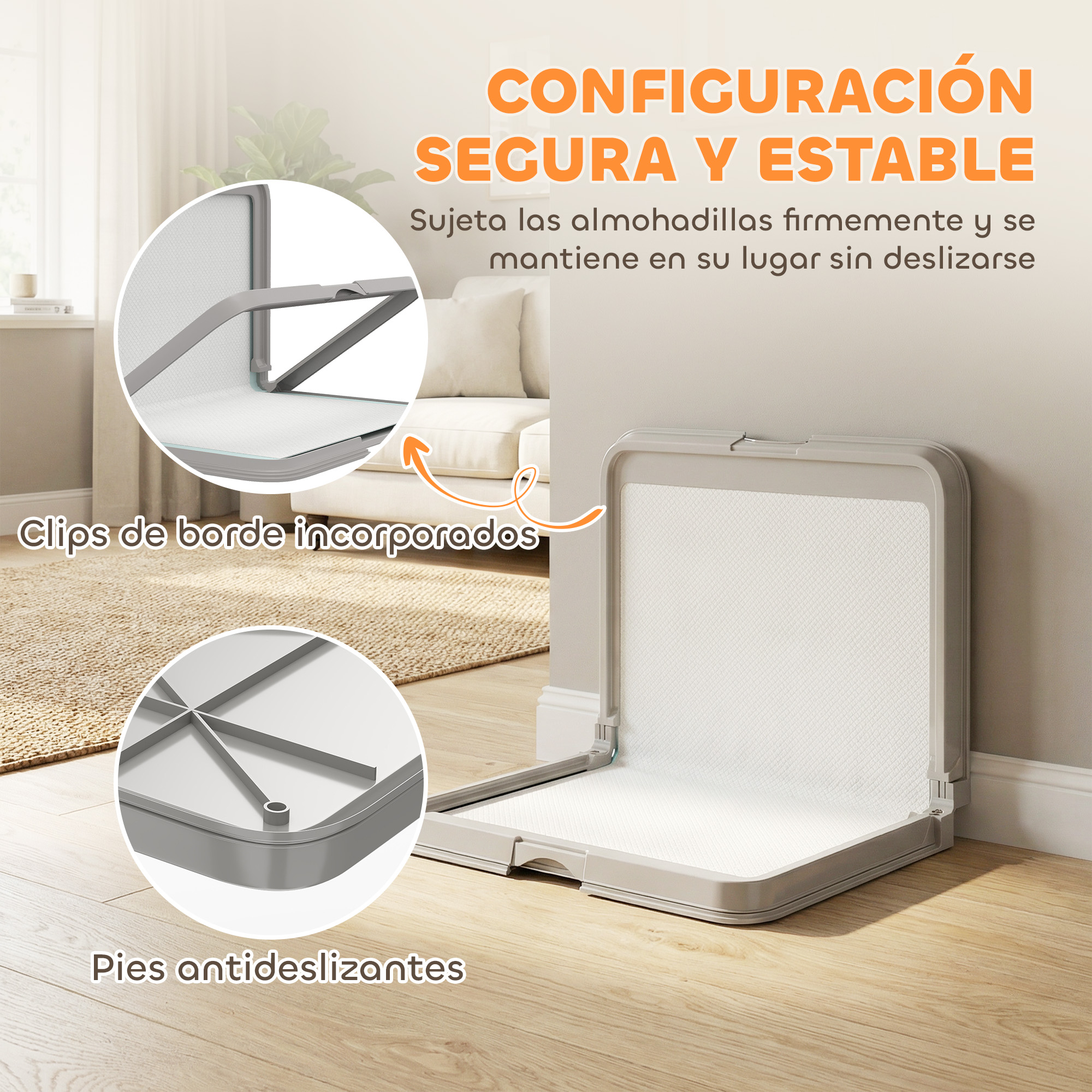 Un cambiador beige con clips y pies antideslizantes.