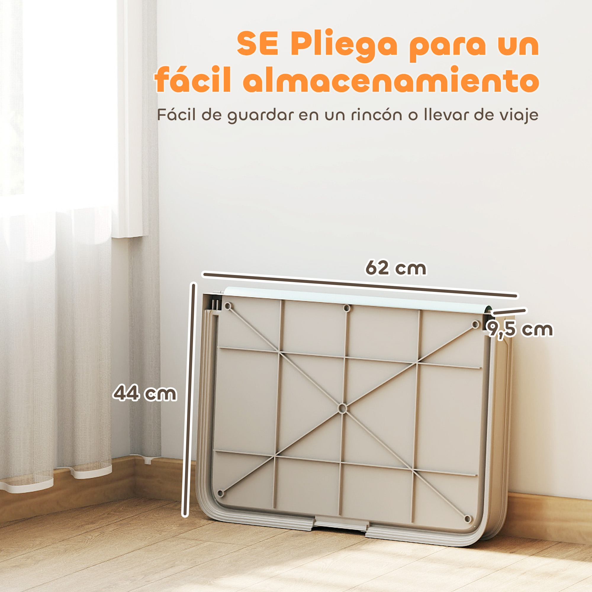 Un contenedor plegable de 44x62x9,5 cm.