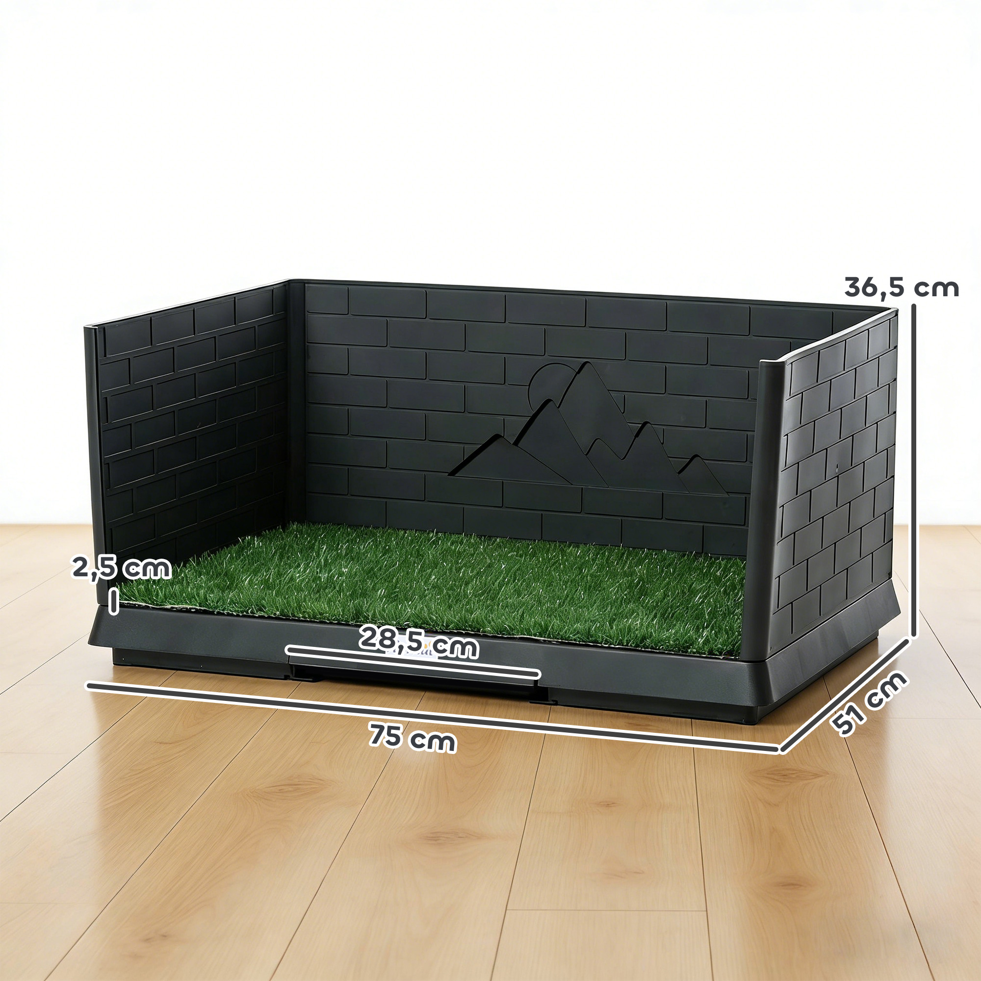 Parque para perros negro con césped artificial y diseño de montaña. Dimensiones: 75x51x36,5cm.