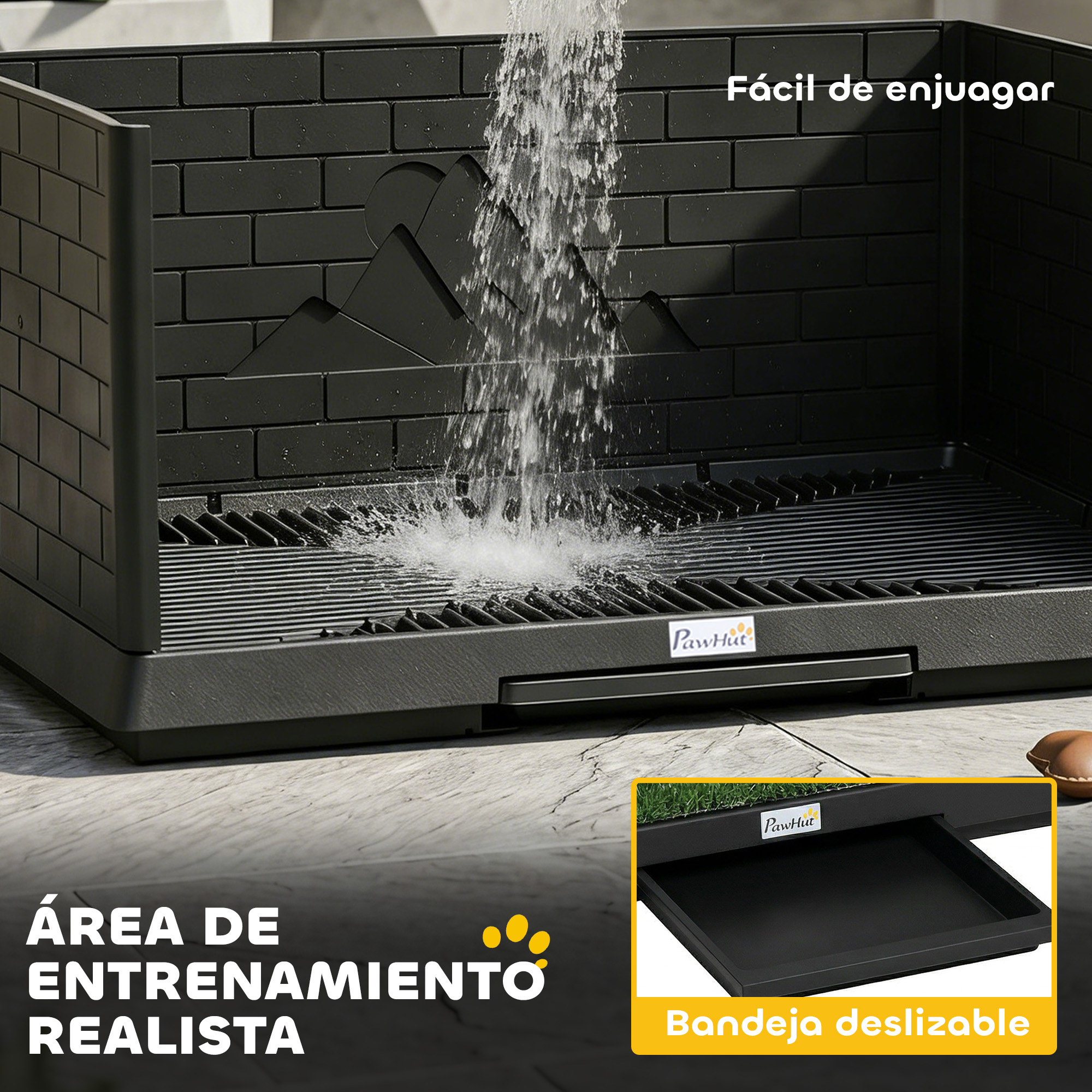 Área de entrenamiento para perros negra con ducha de agua y bandeja.