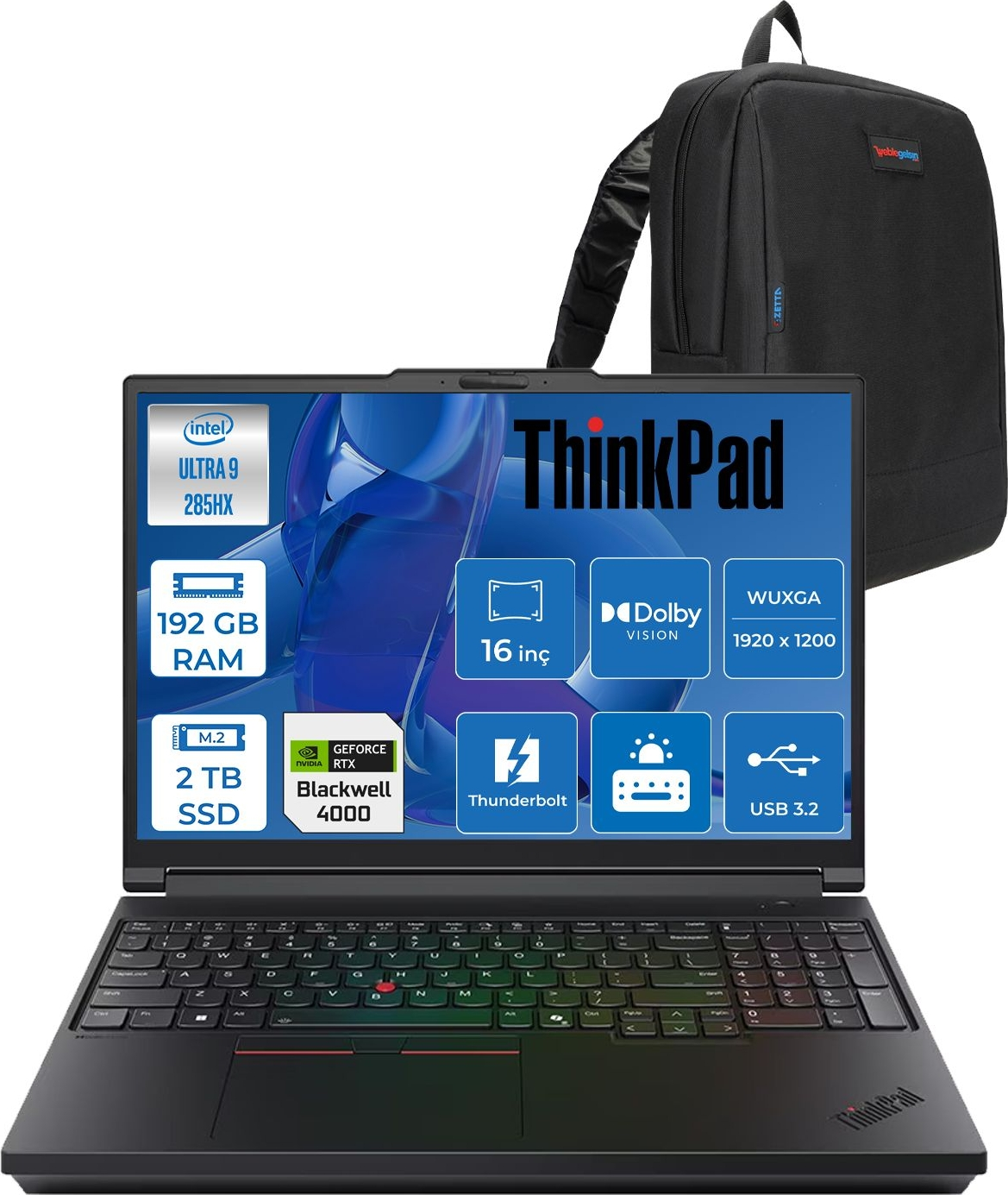 ThinkPad logolu siyah dizüstü bilgisayar ve sırt çantası. Ekranda özellikler.