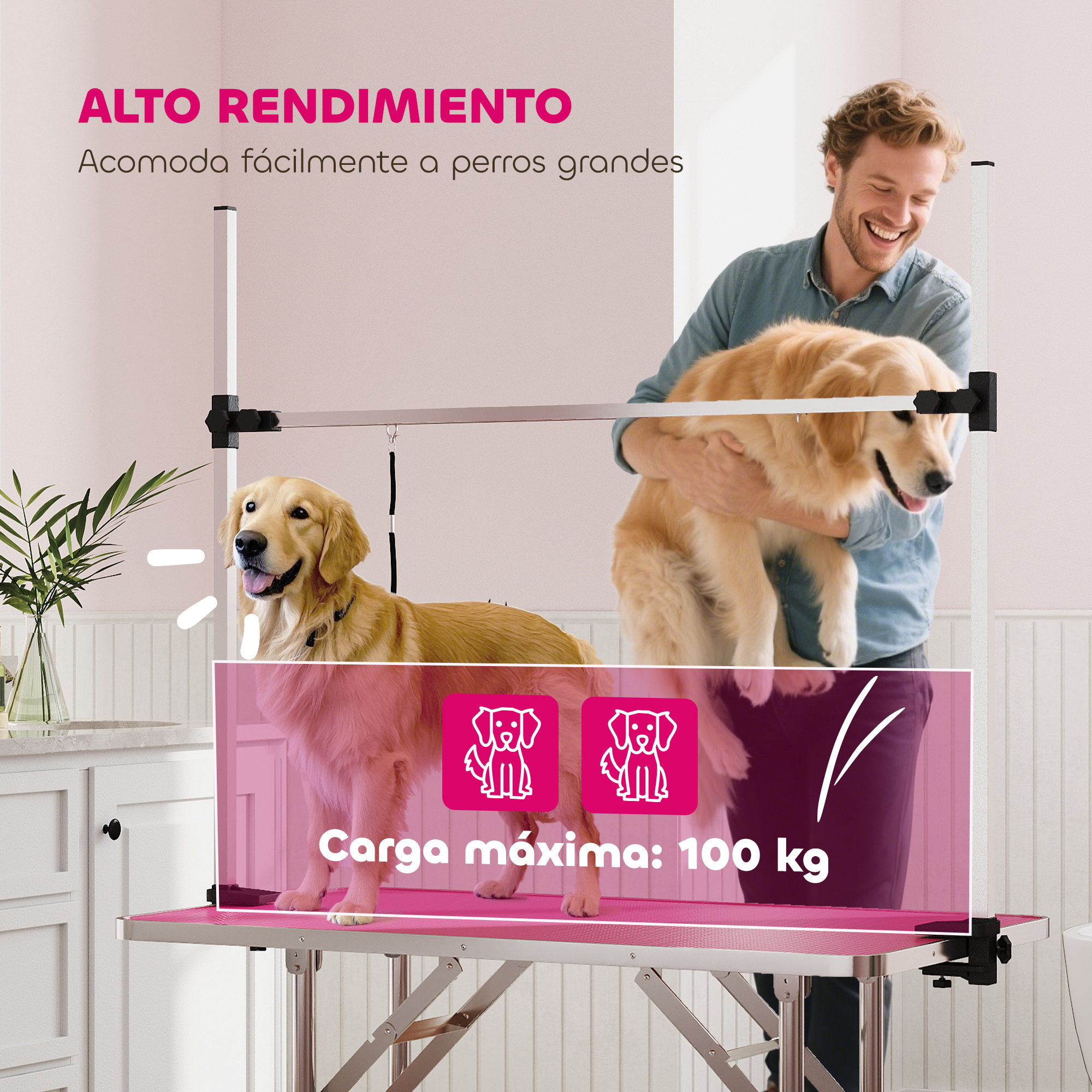 Un hombre ríe mientras sostiene un golden retriever en una mesa de aseo rosa.