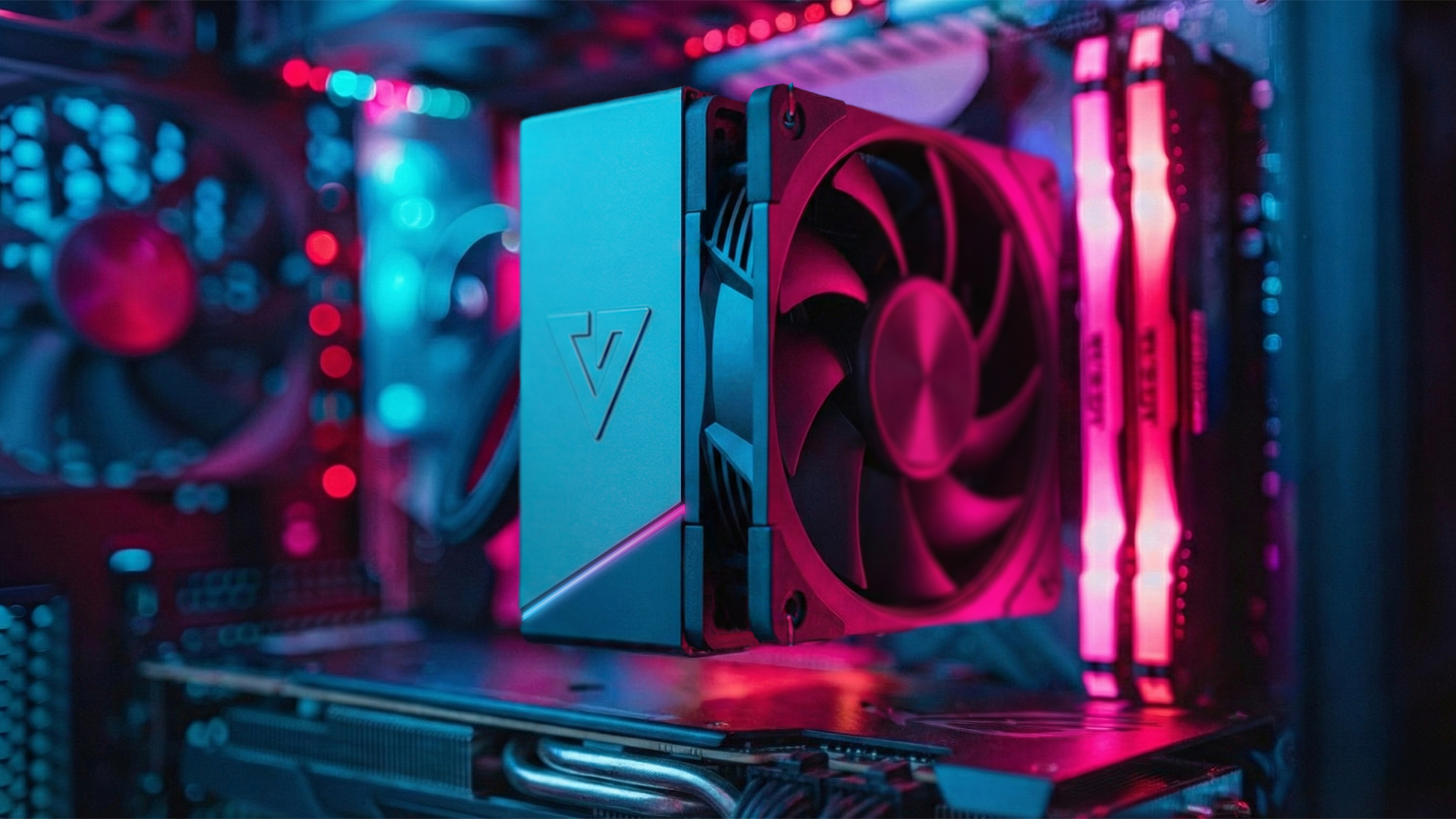 Chłodnica CPU komputera z wentylatorem i pamięcią RAM RGB wewnątrz komputera.