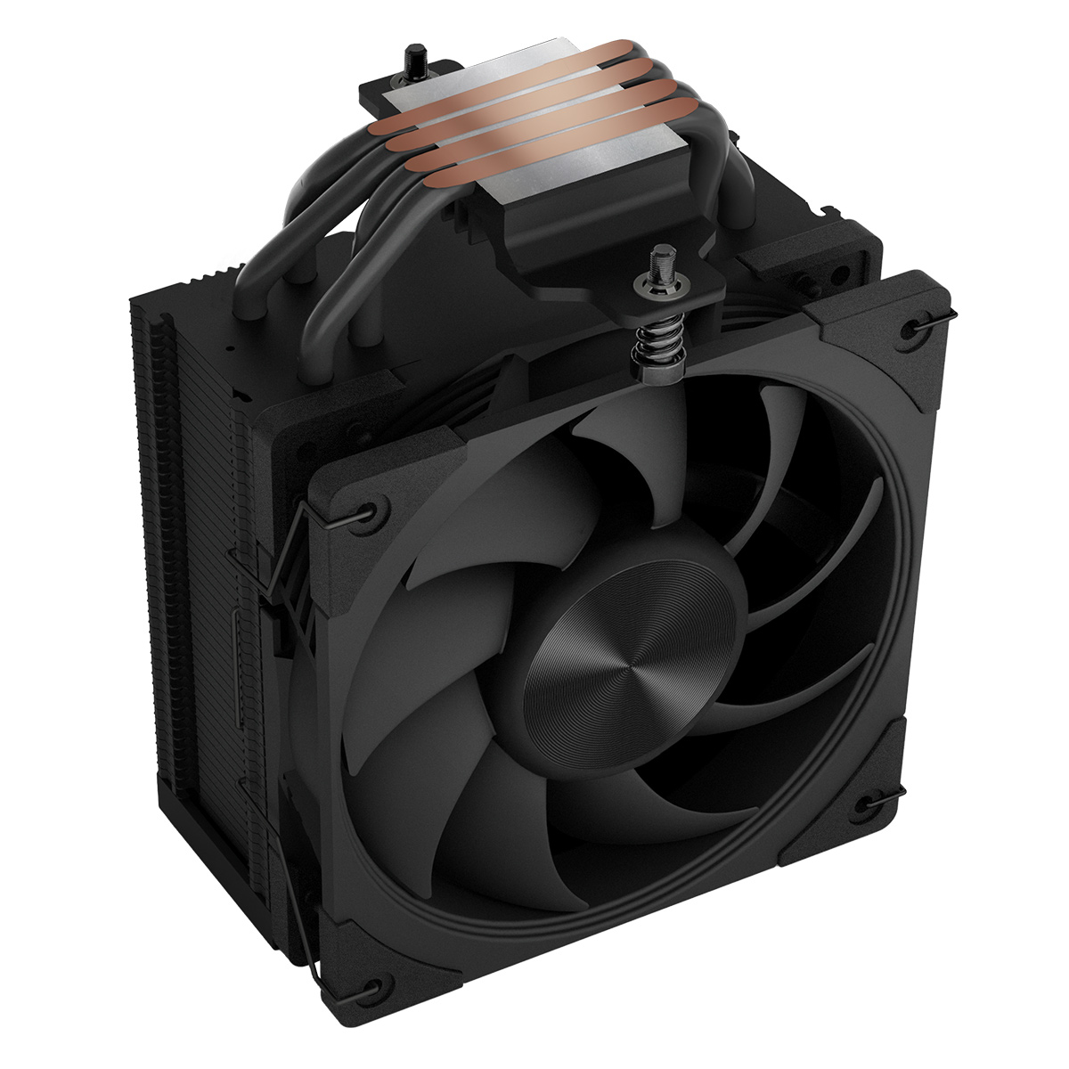 Czarna chłodnica CPU z wentylatorem, miedzianymi rurkami cieplnymi i aluminiowymi żeberkami.