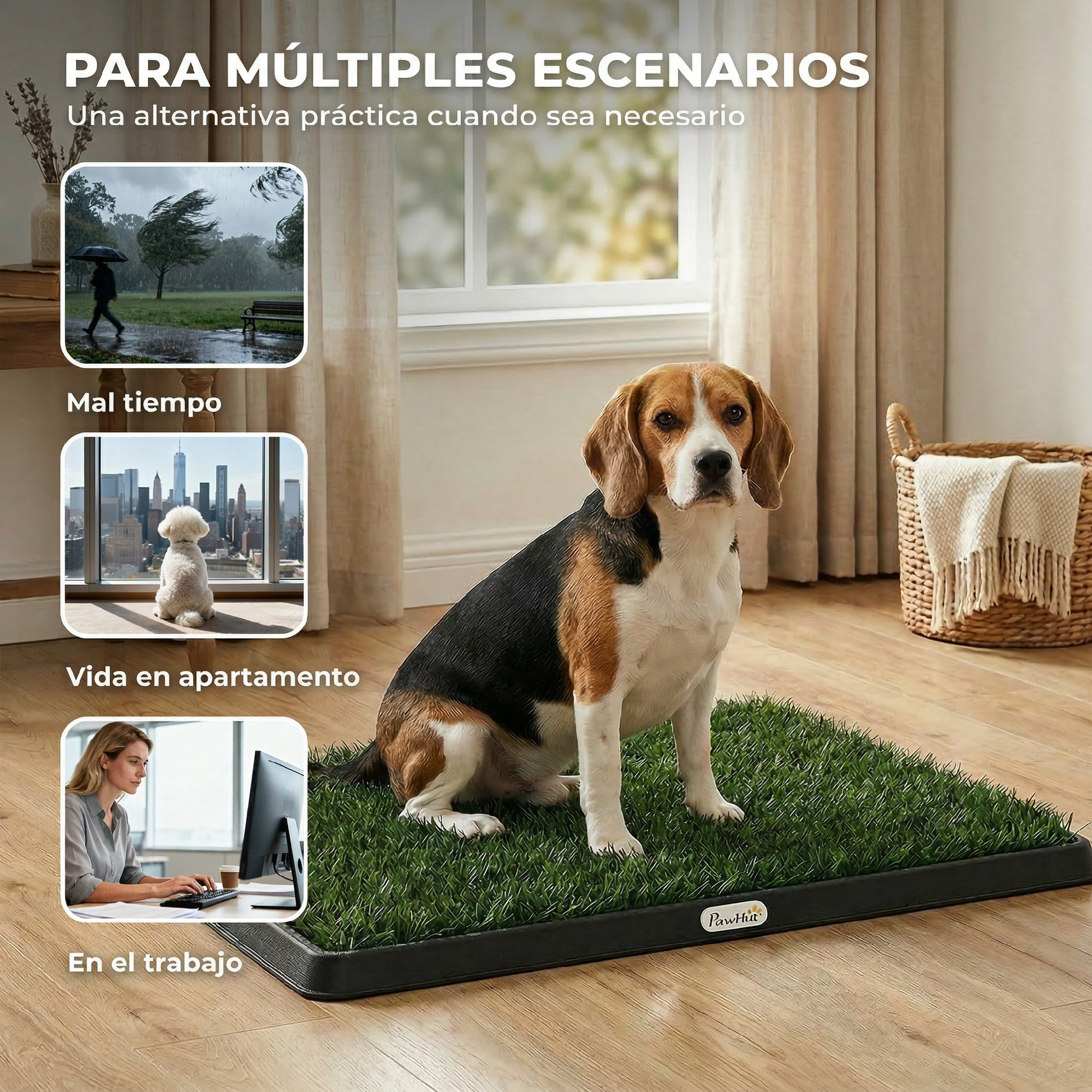 Un beagle sentado sobre césped artificial. Se muestran escenas de mal tiempo, vida urbana y trabajo.