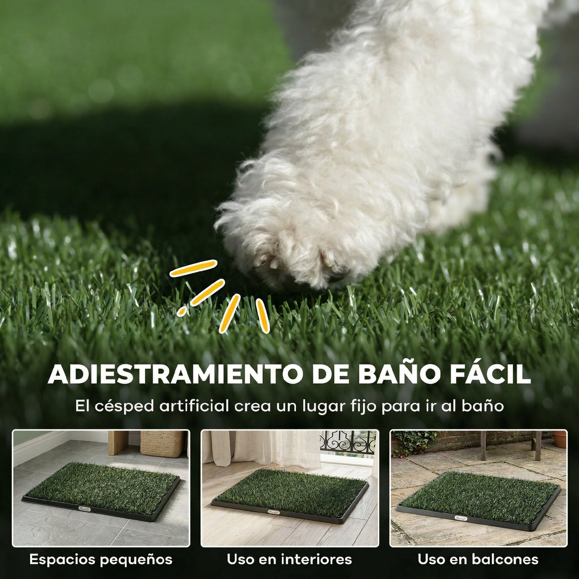 Un perro blanco sobre césped artificial. Tres imágenes de empapadores para perros.