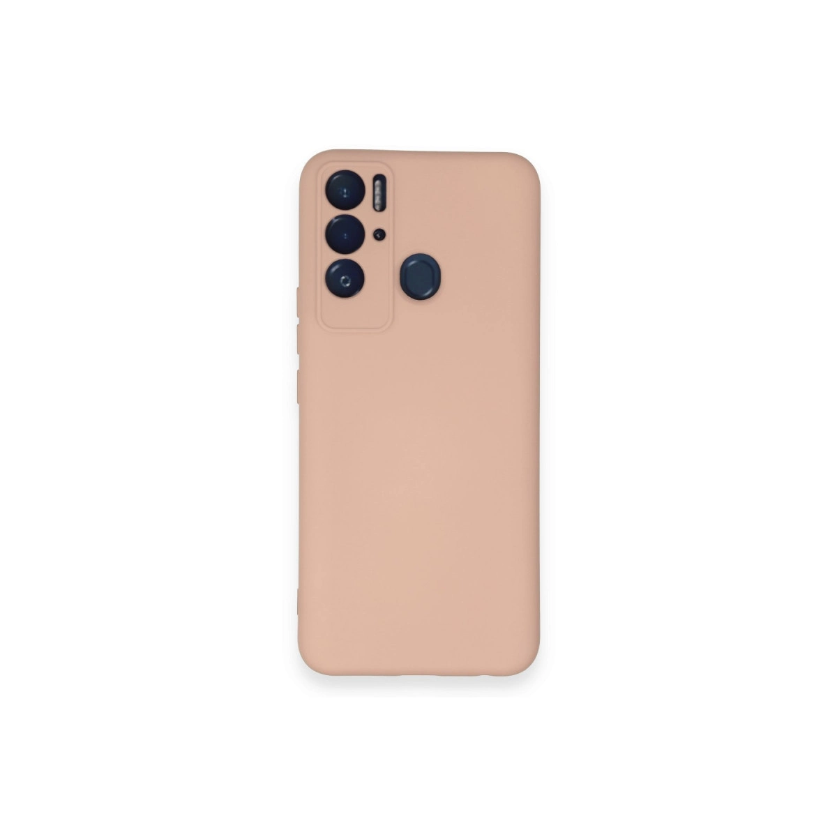 Üç kamera lensli ve parmak izi sensörlü şeftali rengi telefon kılıfı.