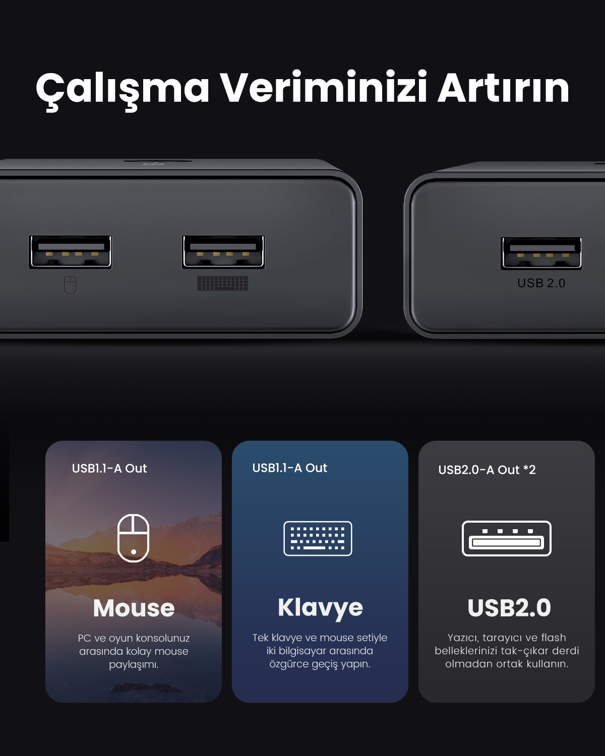 Üç bağlantı noktasına sahip siyah bir USB hub: fare, klavye ve USB 2.0.