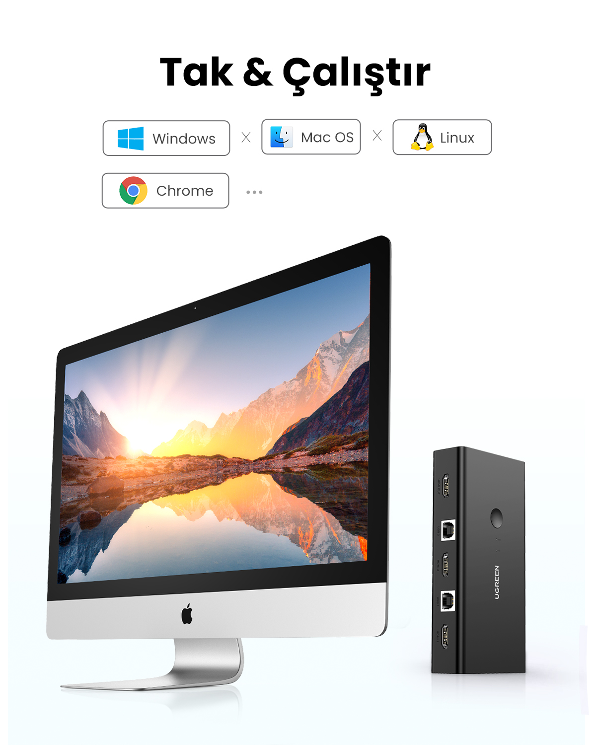 Bir iMac ve bağlantı noktalarına sahip siyah bir UGREEN adaptörü.