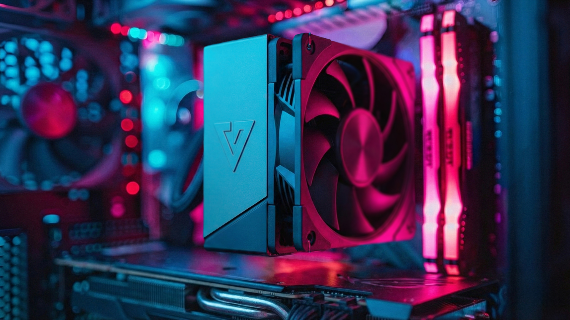 Chłodnica CPU komputera z wentylatorem, modułami RAM i kartą graficzną, oświetlona na niebiesko i różowo.