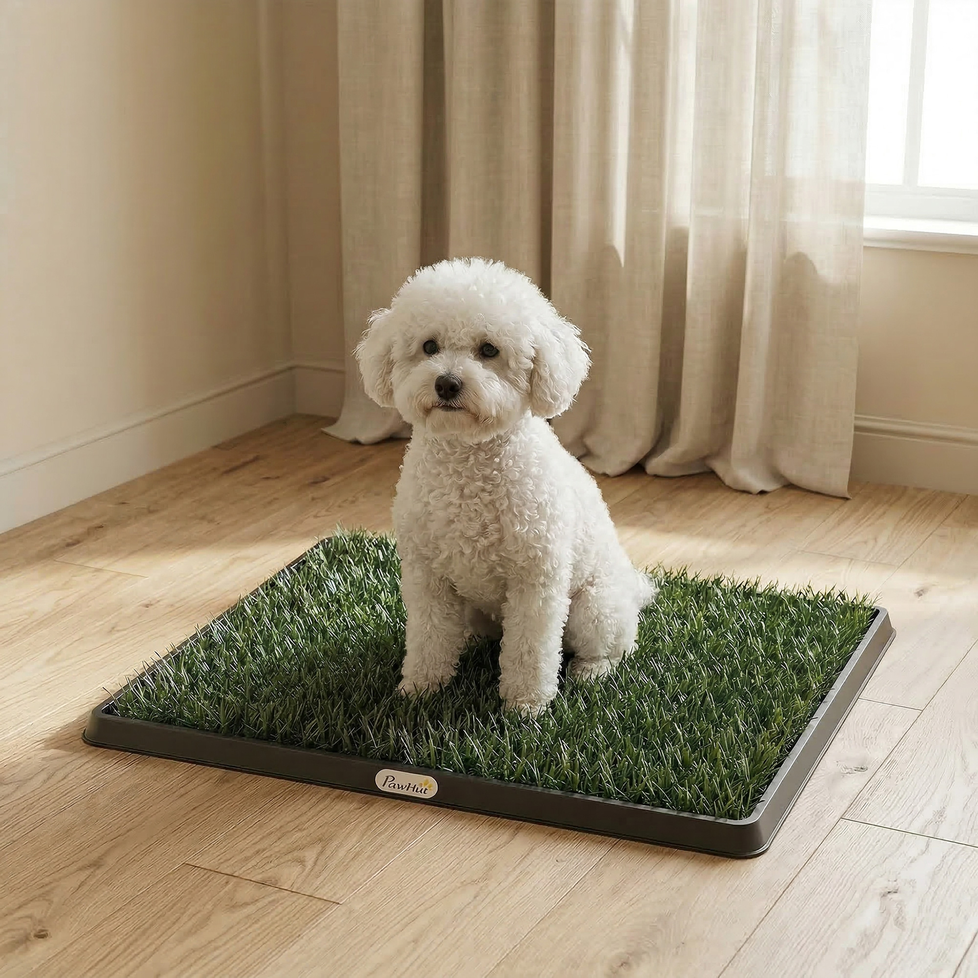 Un Bichón Frisé blanco se sienta en una alfombra de césped artificial en piso de madera.