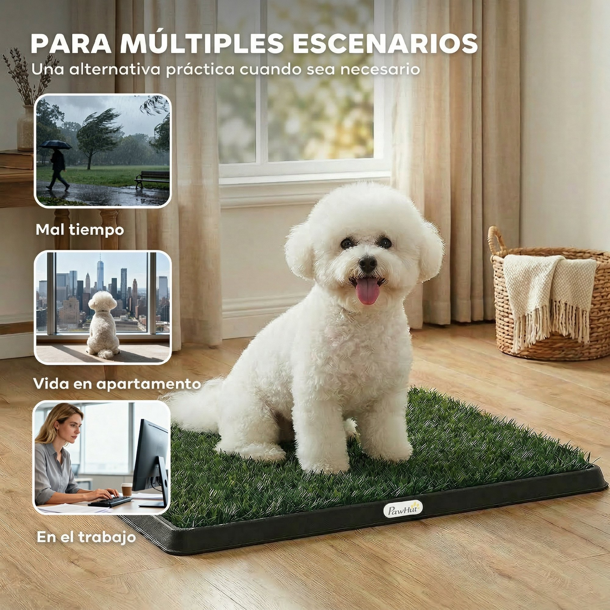 Un perro Bichon Frise blanco se sienta sobre una alfombra de césped artificial verde.