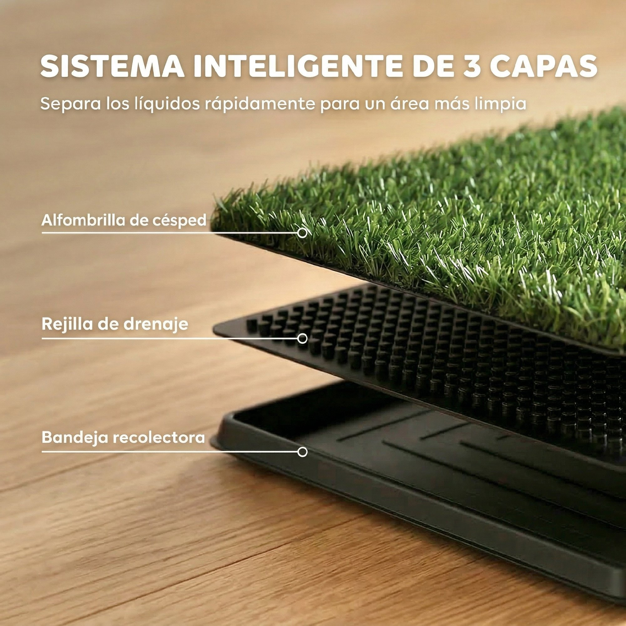 Sistema de 3 capas: césped artificial, rejilla de drenaje, bandeja.