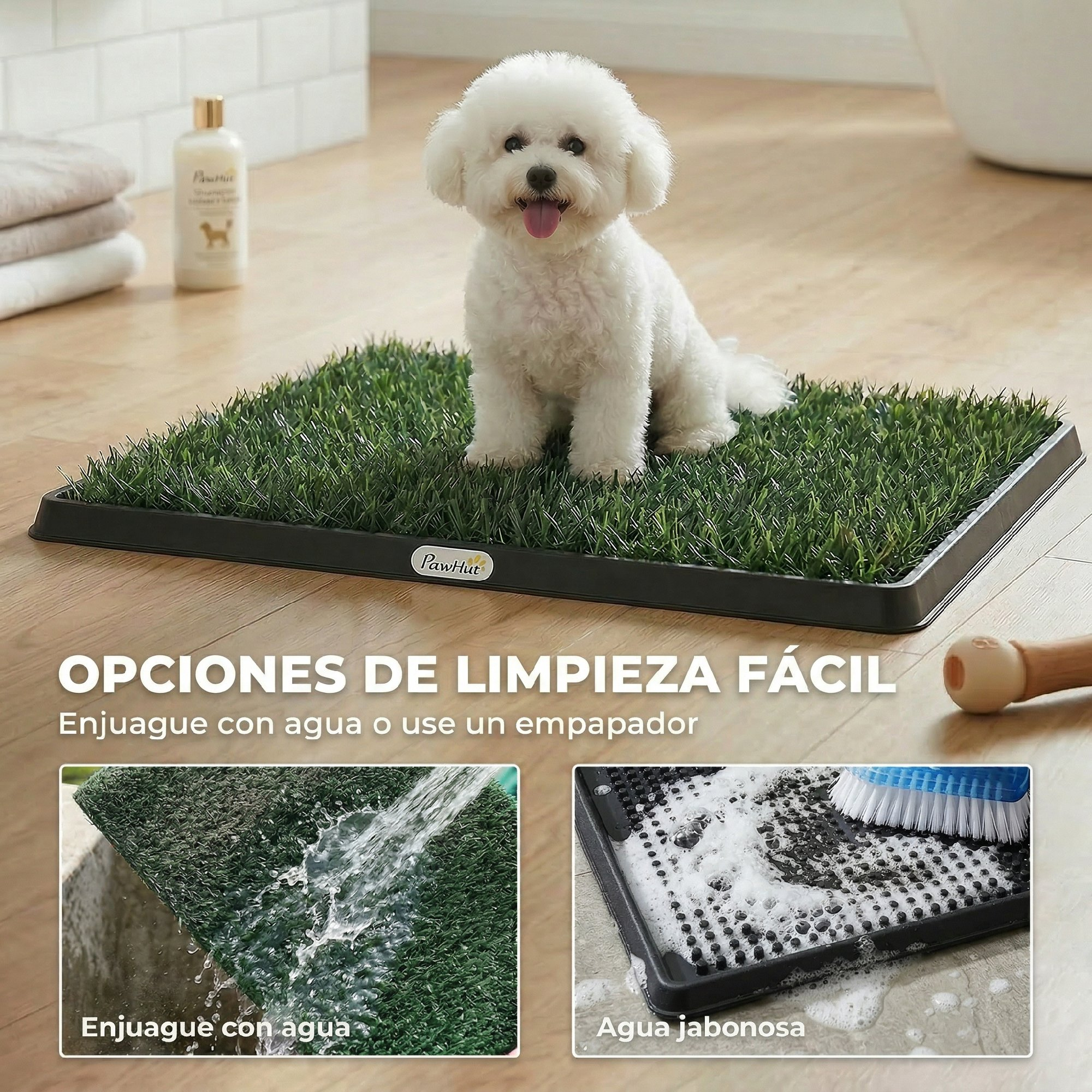 Un perro Bichón Frisé blanco sentado en un trozo de césped artificial.