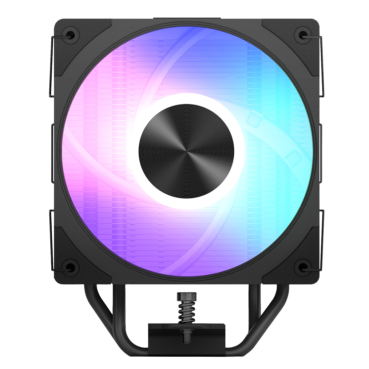 Czarny wentylator chłodnicy CPU z fioletowym i niebieskim podświetleniem RGB, zamontowany na radiatorze.