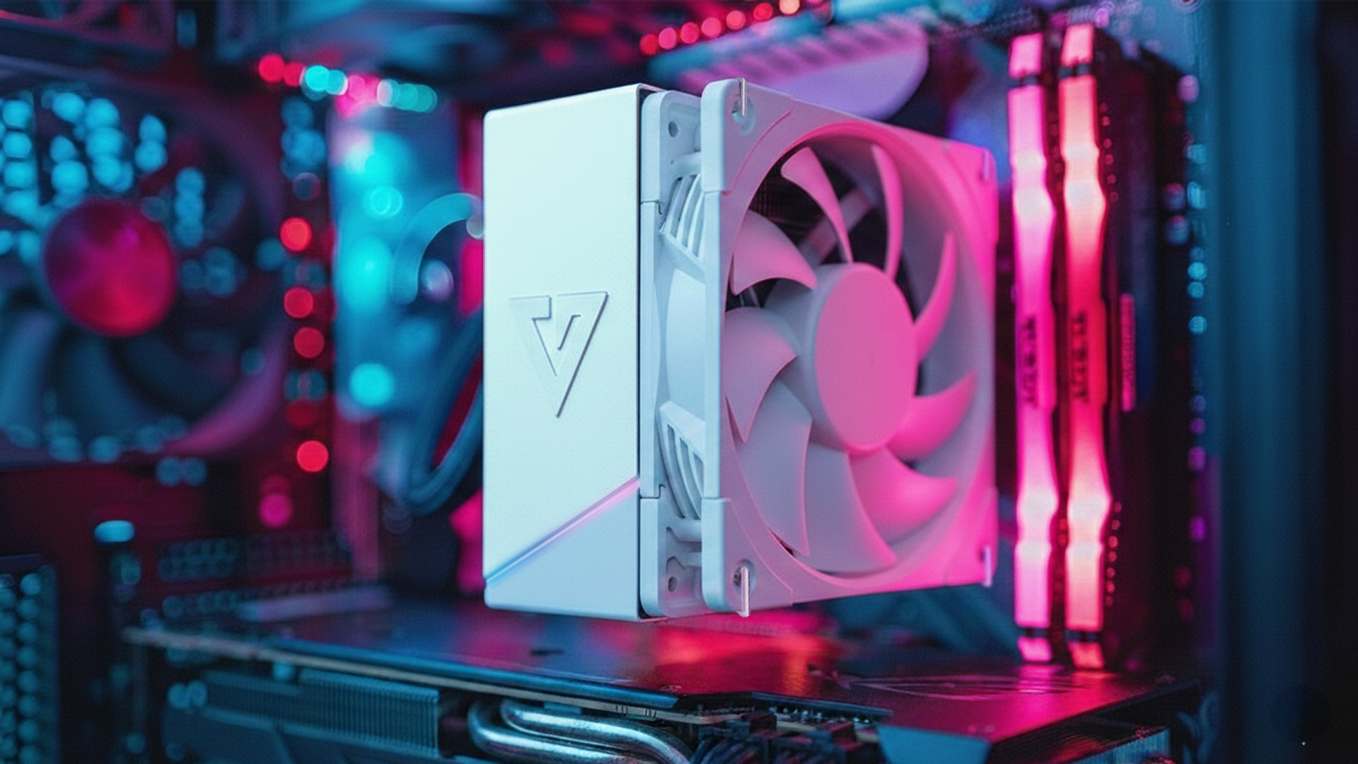 Biały cooler CPU z różowym podświetleniem, obok świecących pamięci RAM.