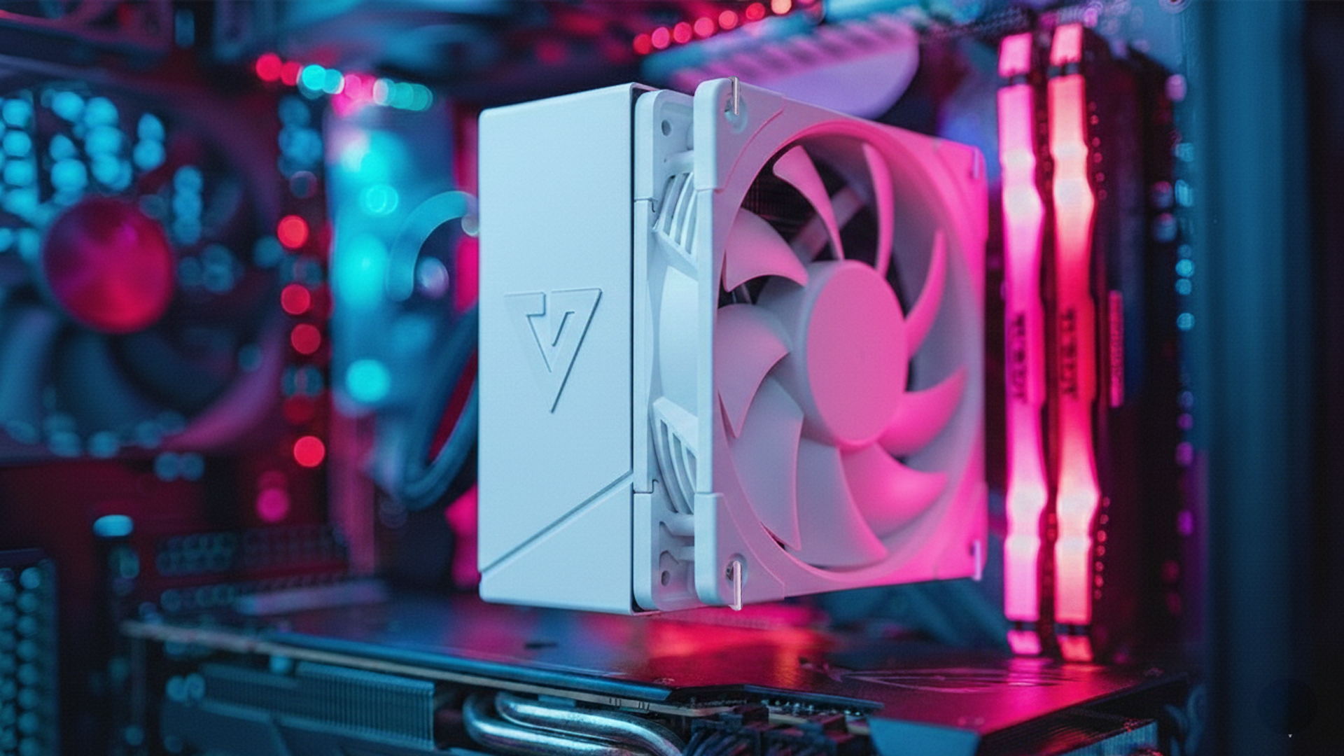 Biały cooler CPU z wentylatorem wewnątrz komputera z oświetleniem RGB.