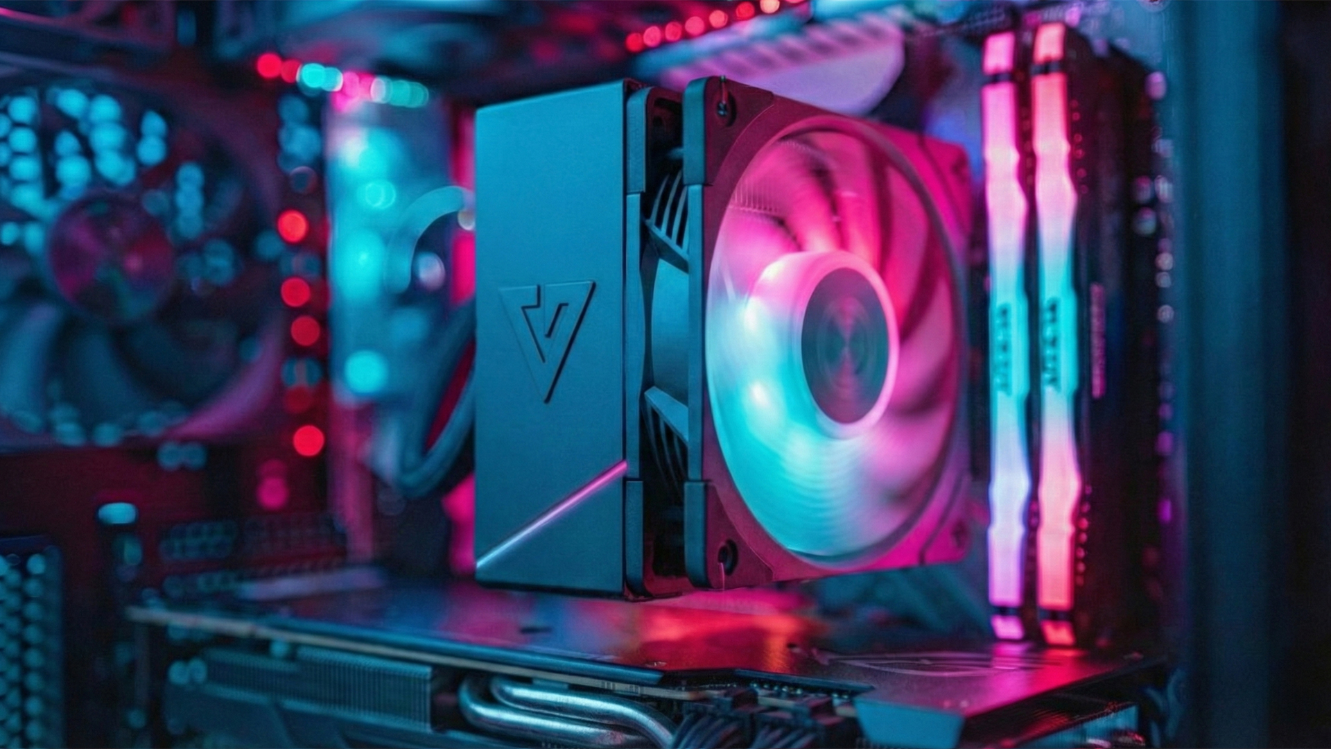 Chłodnica CPU z oświetleniem RGB, zamontowana w obudowie komputera.