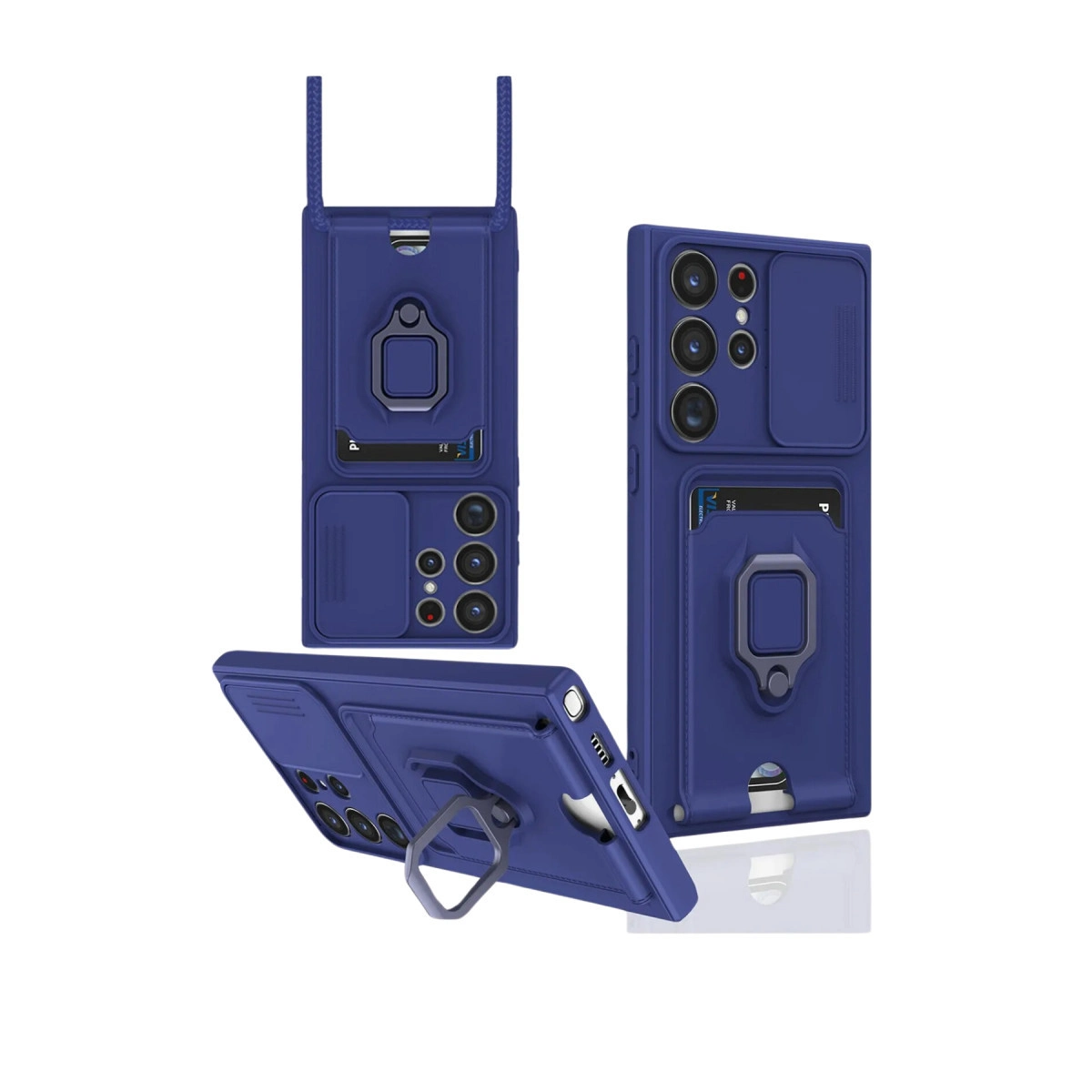 Kart tutucu, halka stant ve kamera kapaklı mavi telefon kılıfının üç görünümü.