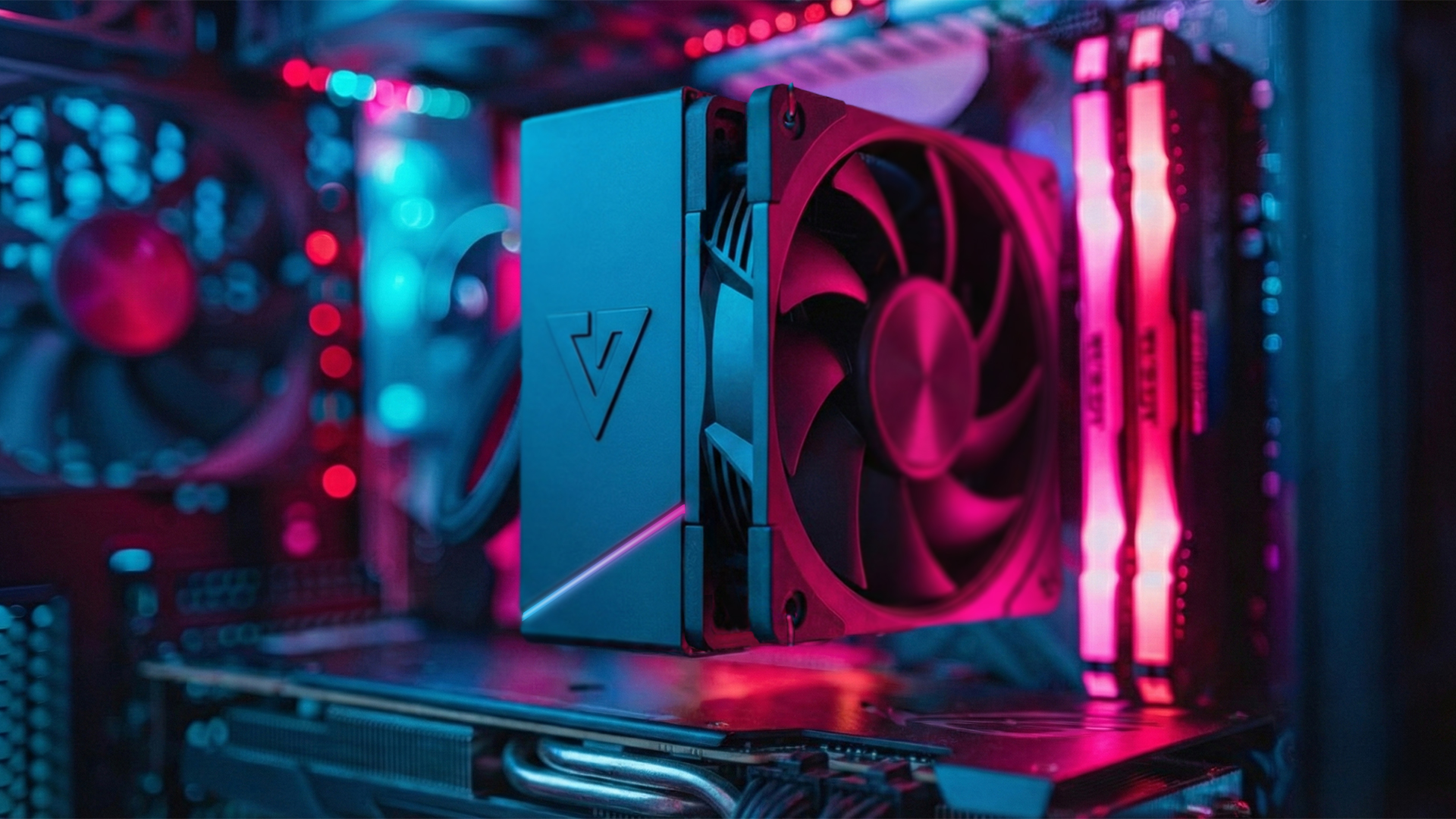 Chłodnica CPU komputera z wentylatorami i modułami RAM RGB w podświetlonej obudowie.