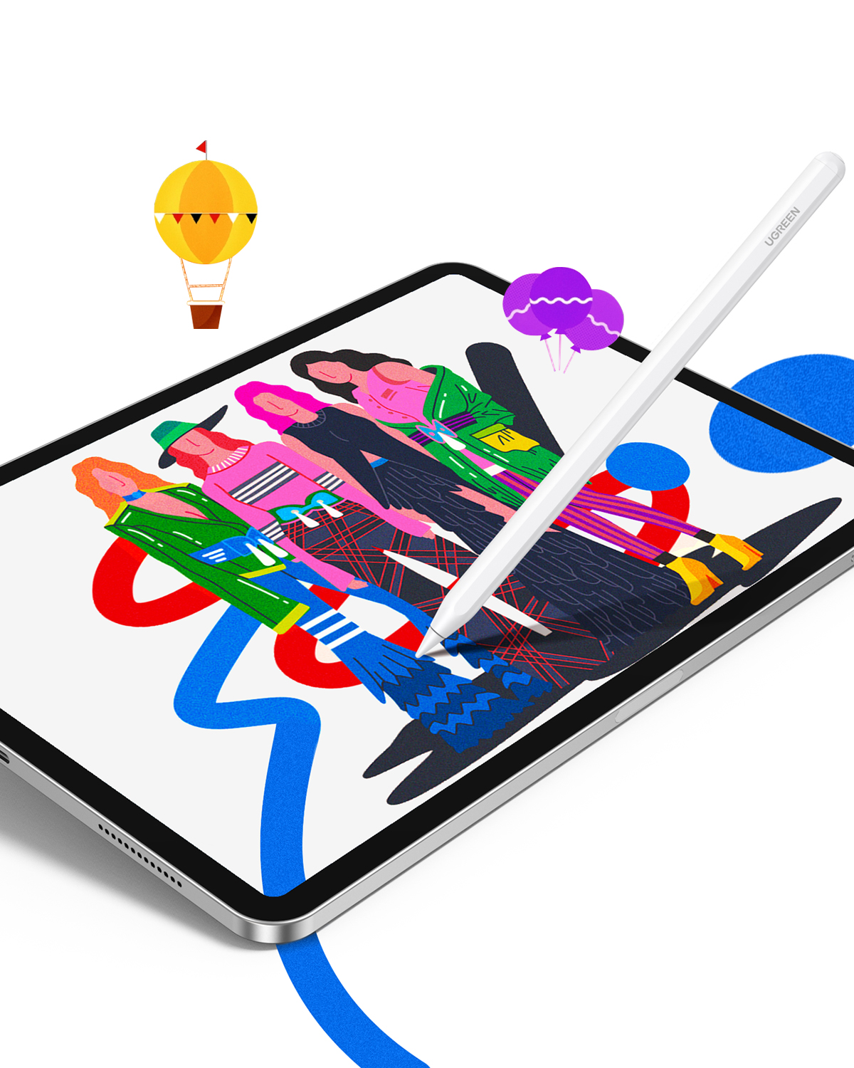 Beyaz bir kalem, renkli insan illüstrasyonu gösteren bir tablette duruyor.